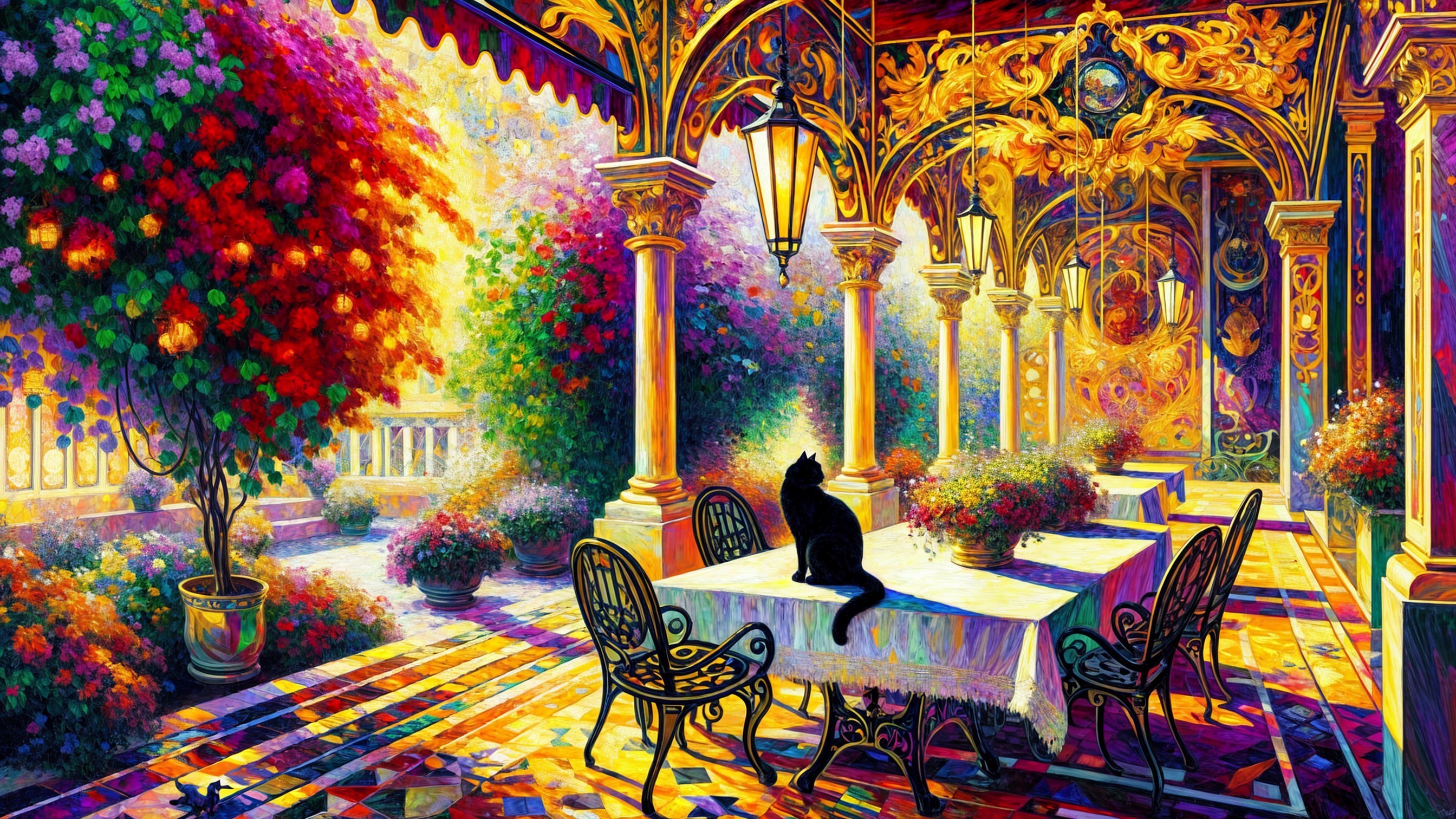 Vibrant Café Terrace with Flowers and Lush Greenery