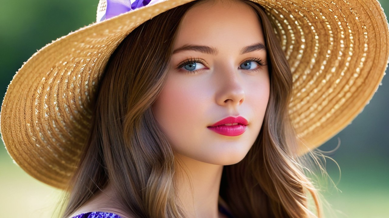 Young woman in straw hat with blue eyes and smile