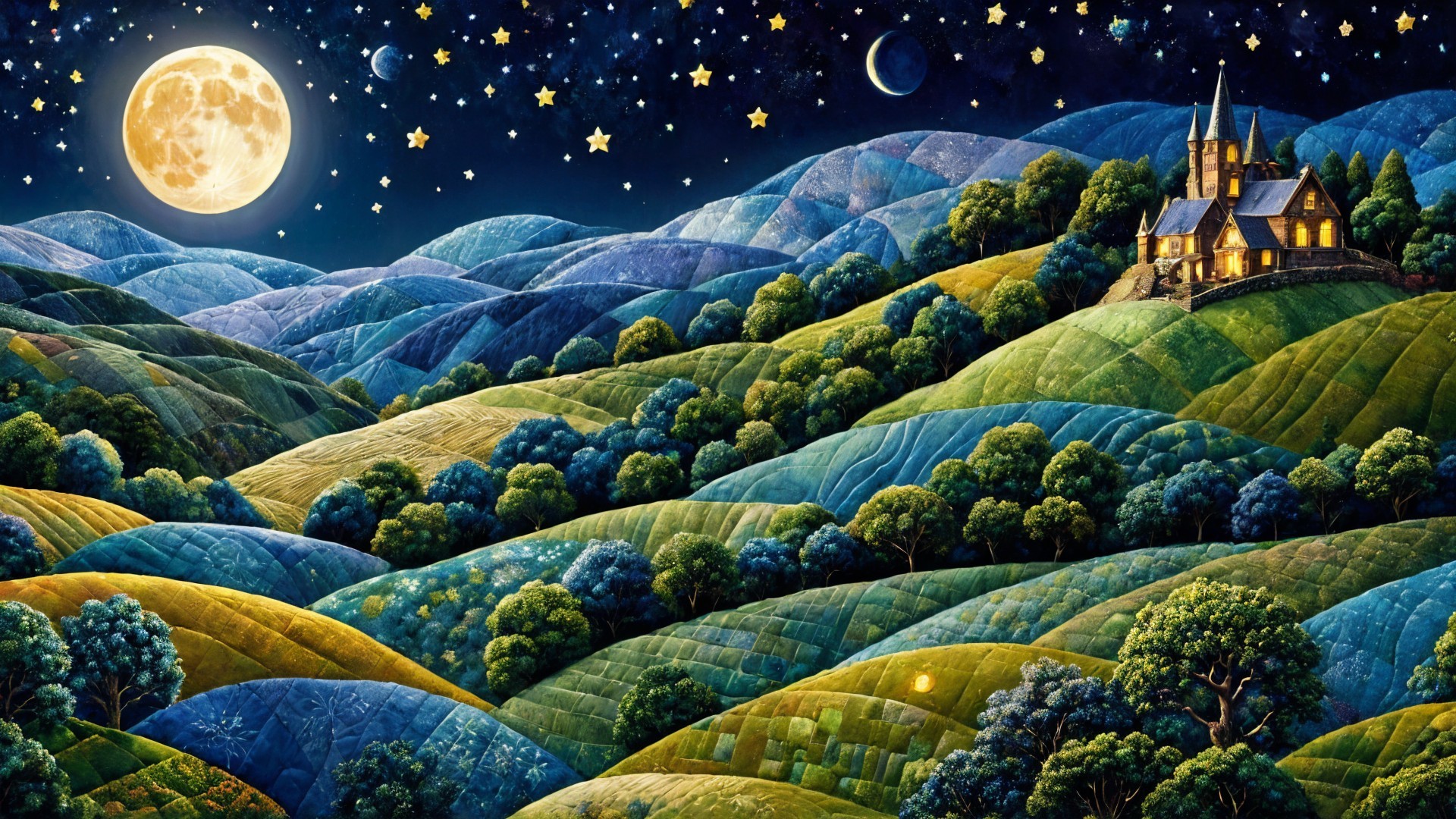 Serene Landscape with Hills, Cottage, and Night Sky