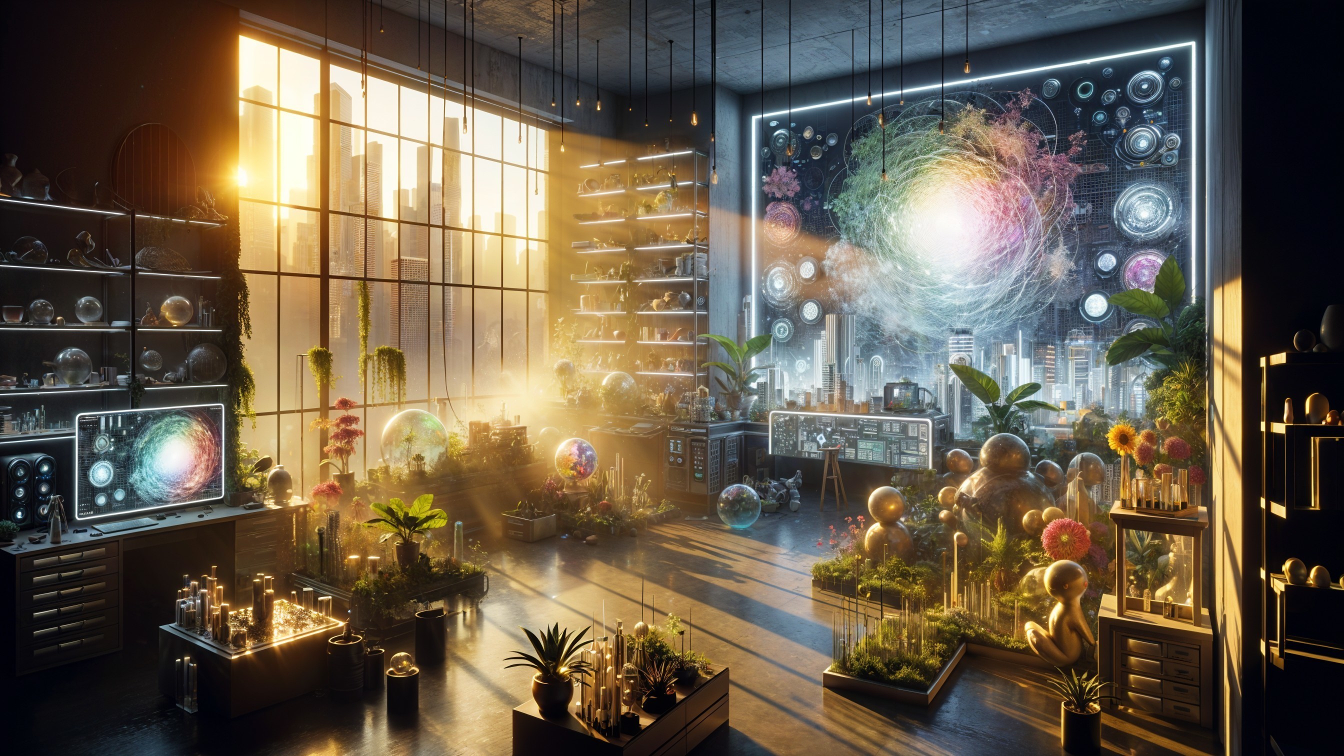Vibrant Laboratory with Greenery and Cosmic Mural