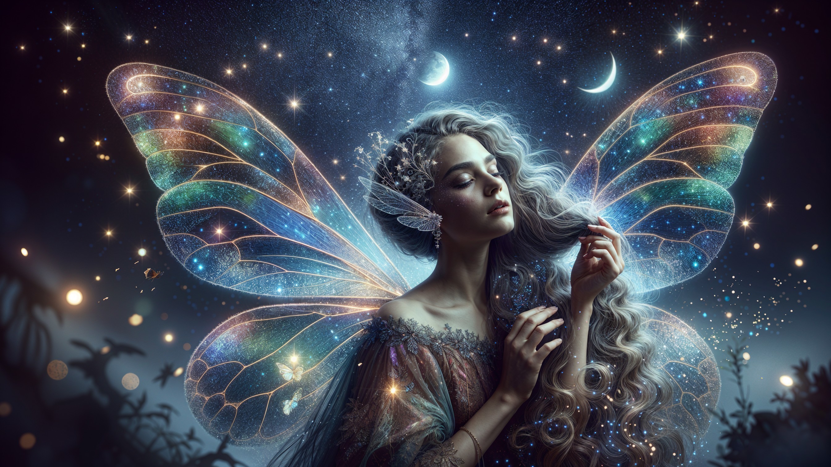 Mystical Fairy with Shimmering Wings in Starry Sky