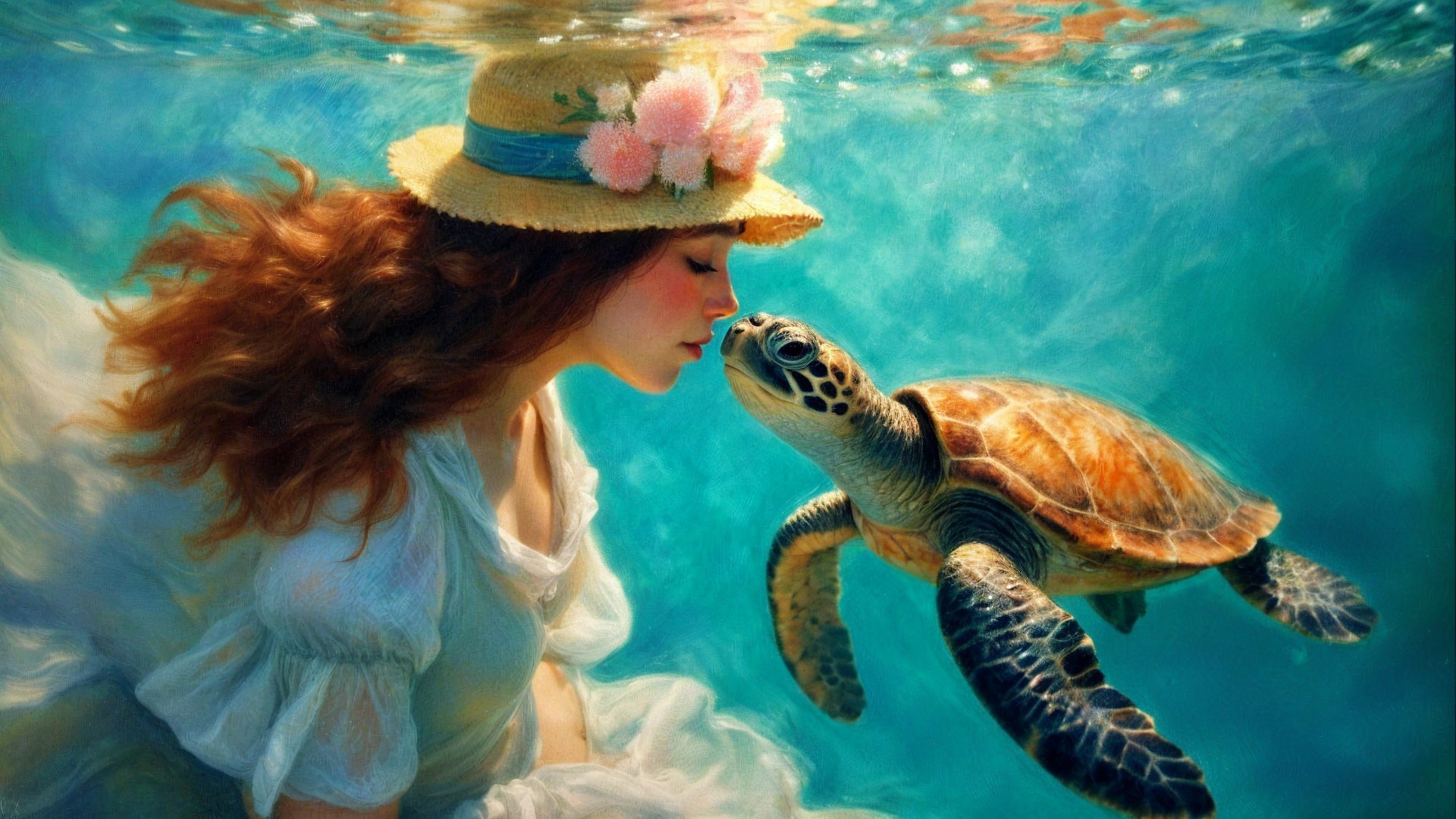 Underwater Scene with Woman and Sea Turtle