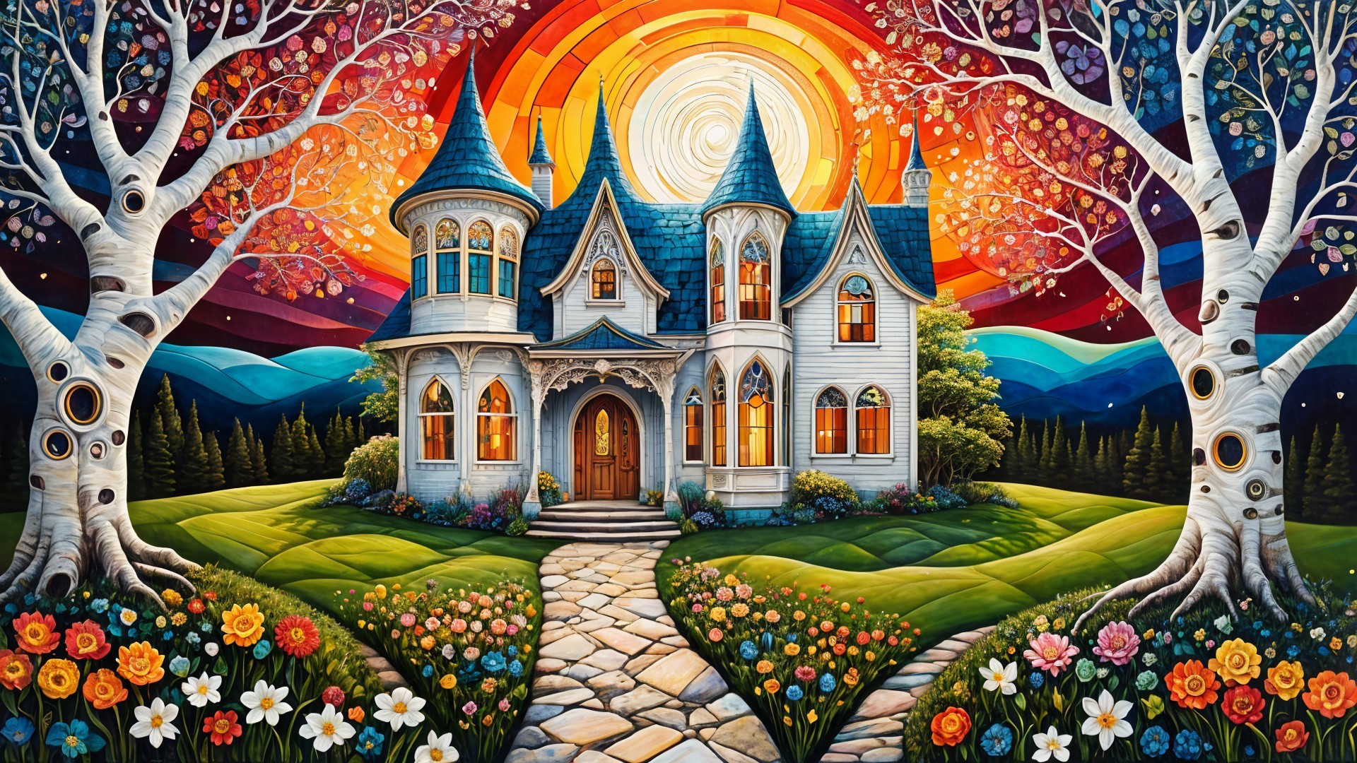 Whimsical Fairy-Tale House with Colorful Surroundings