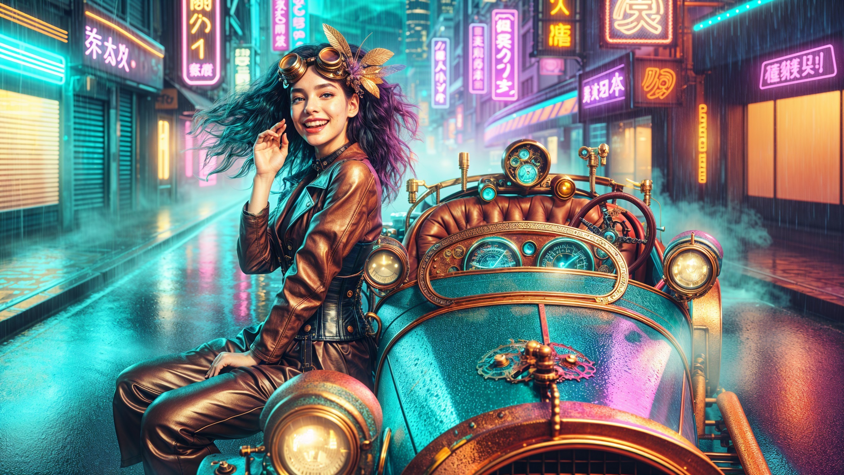 Neon-Lit Street Scene with Vintage Car and Curly Hair