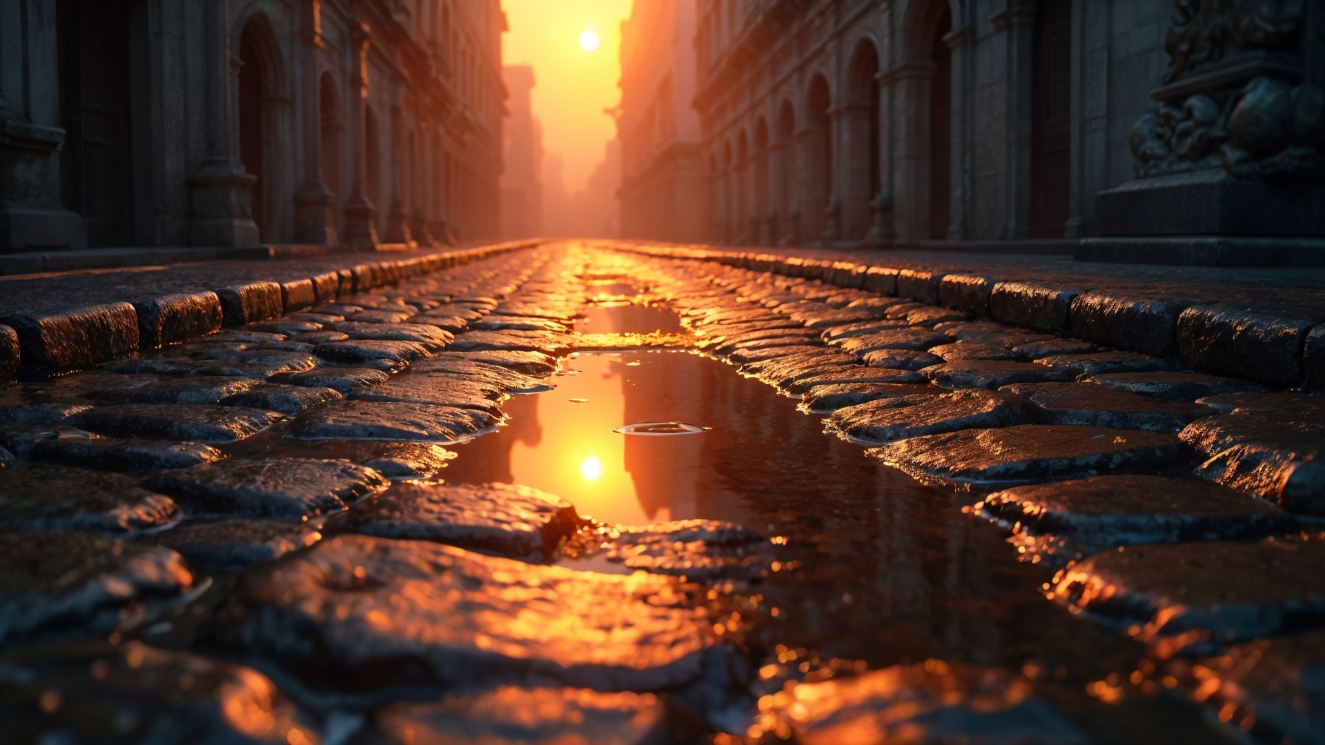 Serene Cobblestone Street at Sunset After Rainfall