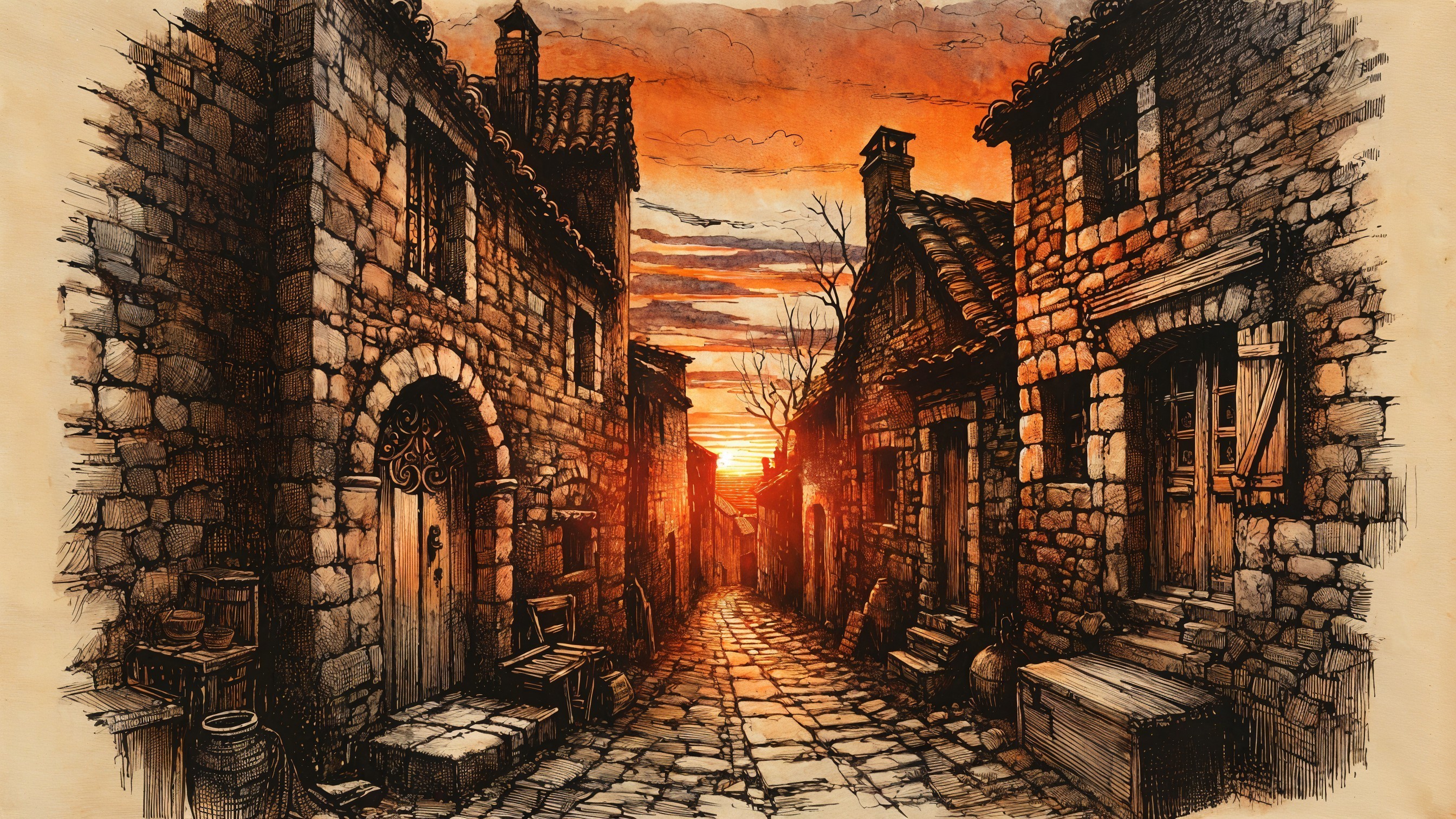 Narrow Cobblestone Street in Quaint Village at Sunset
