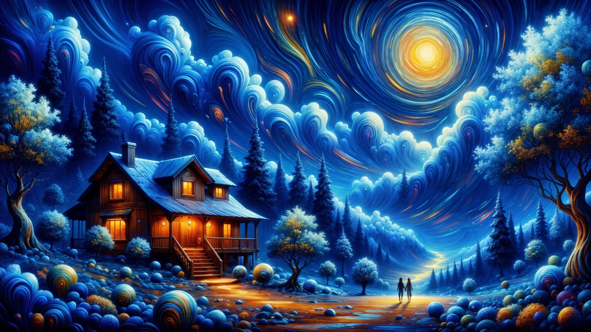 Whimsical Dreamlike Landscape with Cozy Wooden House