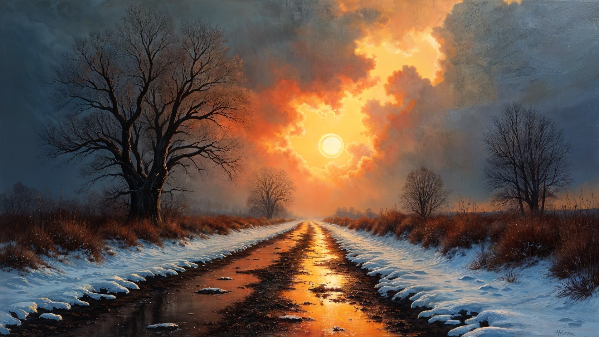 Serene Winter Landscape with Winding Dirt Road