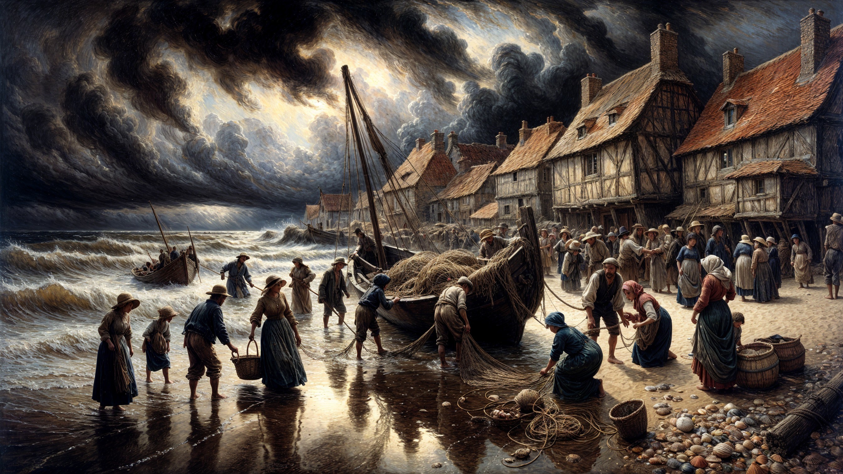 Coastal Village Scene with Fishermen and Dark Sky