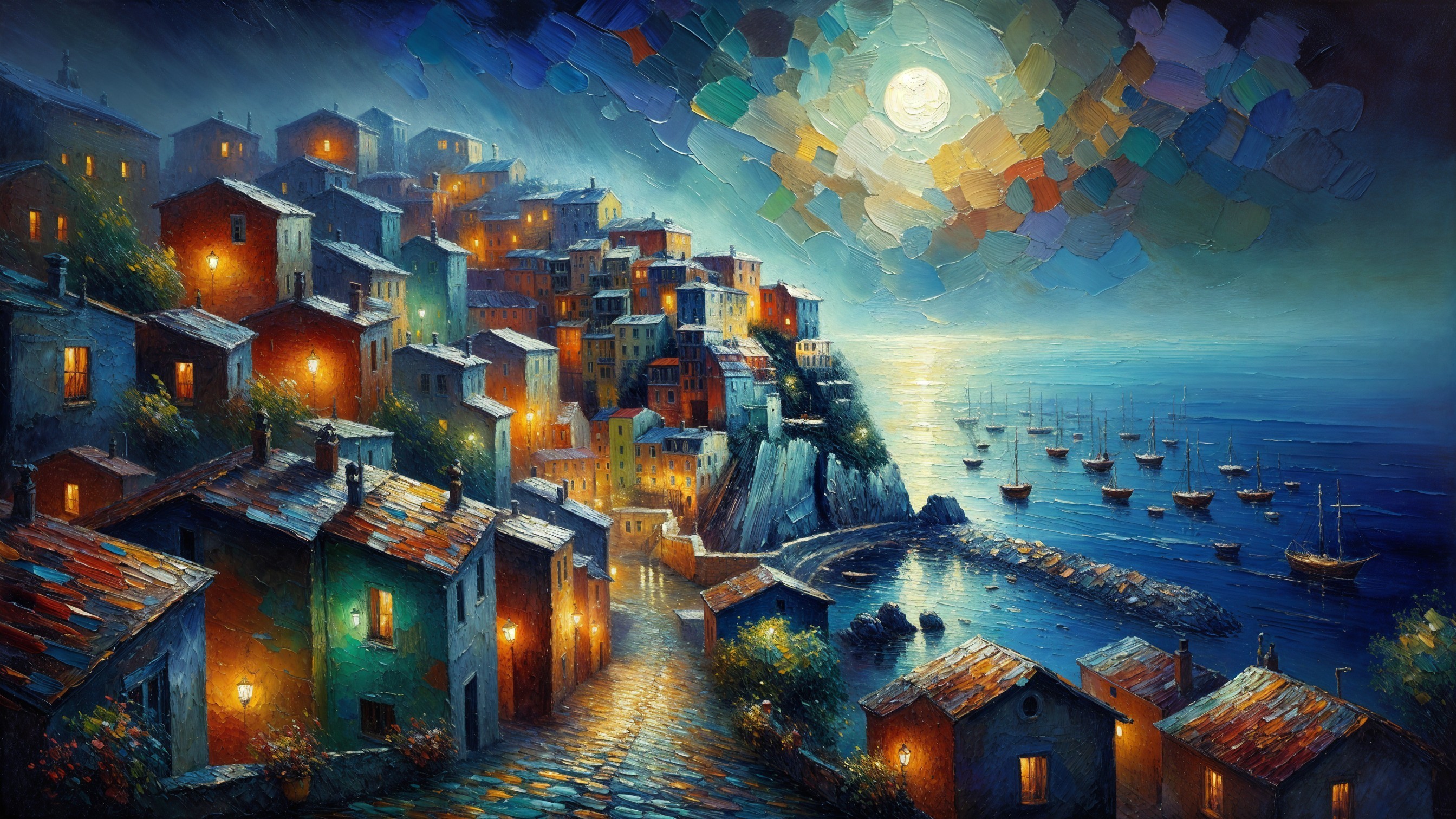 Serene Coastal Village at Night with Charming Lights