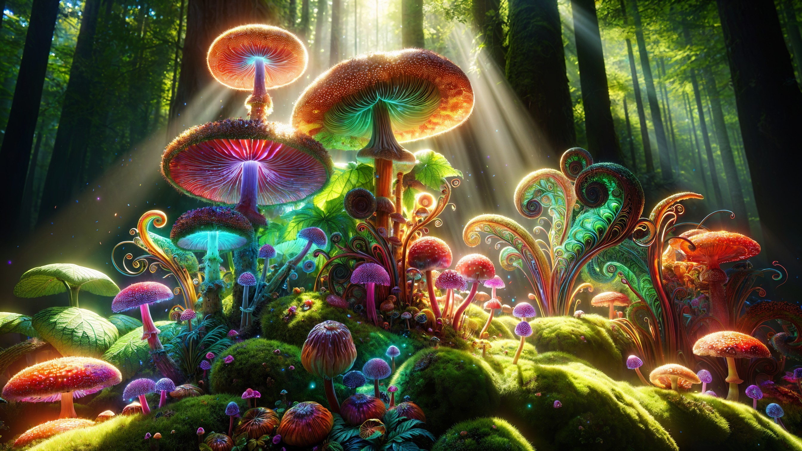 Vibrant Mushroom Forest Scene with Sunlight and Ferns
