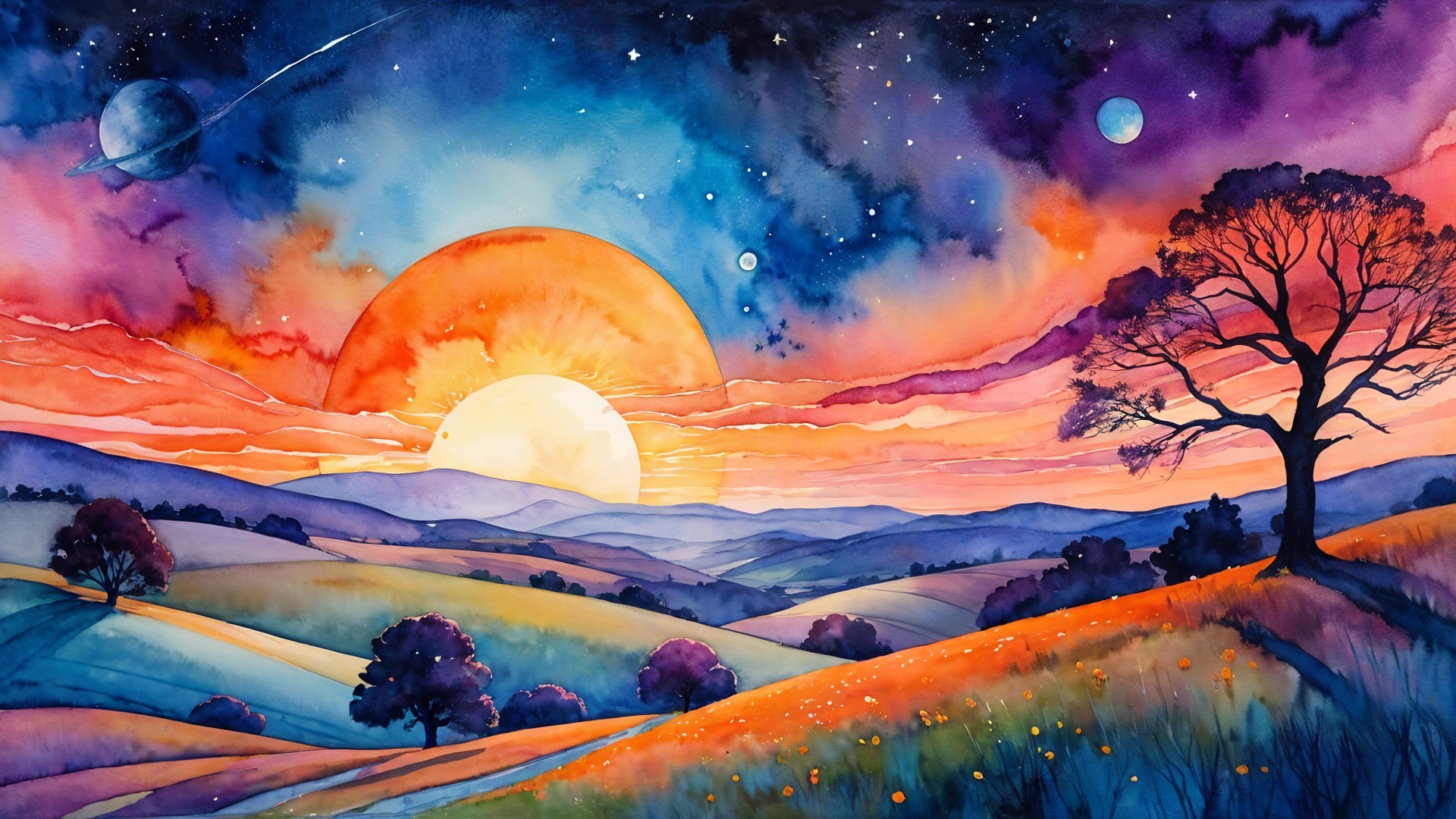 Vibrant Watercolor Landscape of a Sunset Scene