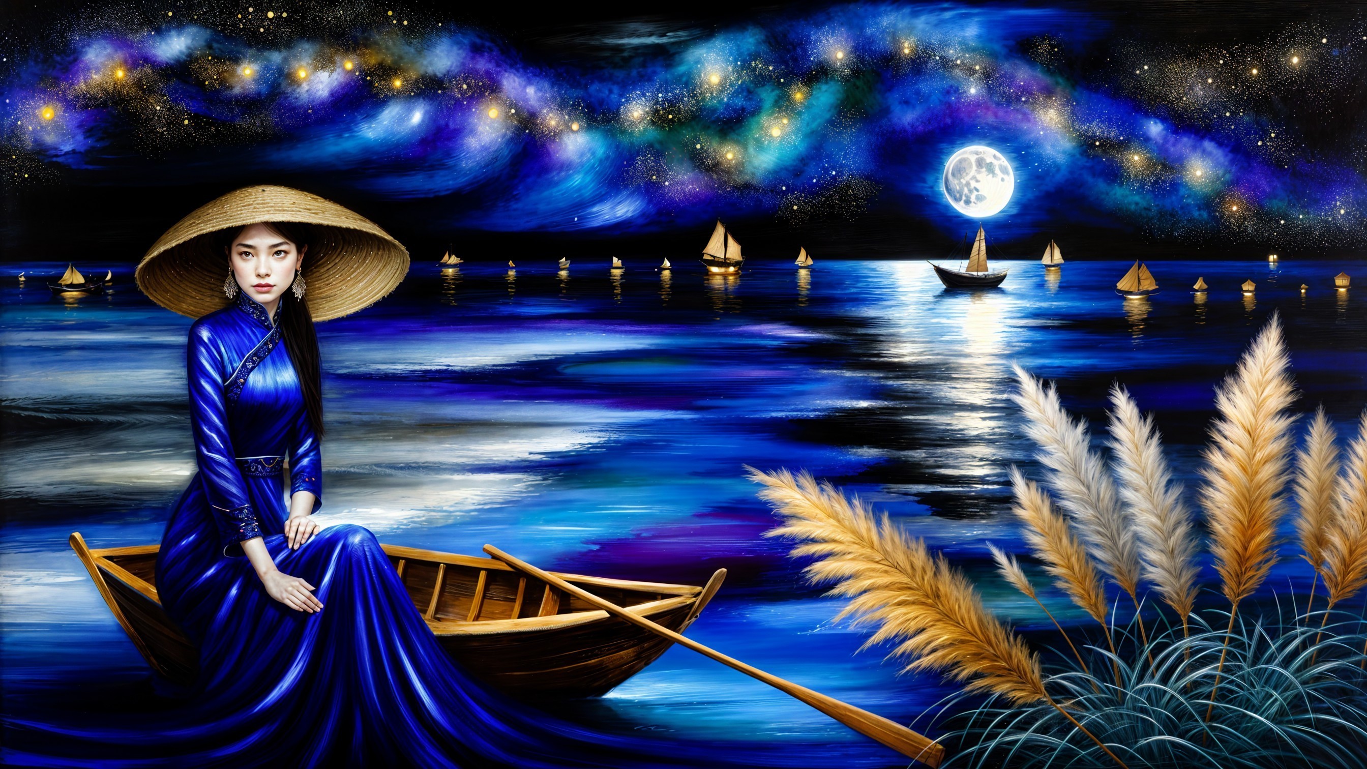 Serene Night Scene with Woman in Blue Dress on Water