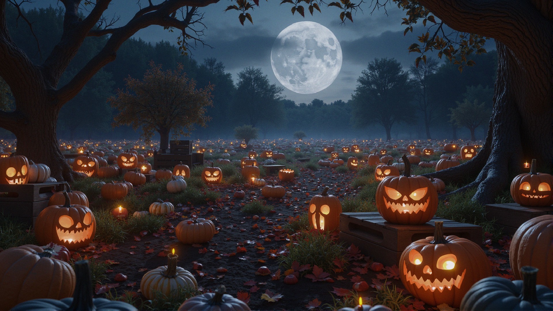 Halloween Night Scene with Carved Pumpkins and Moonlight