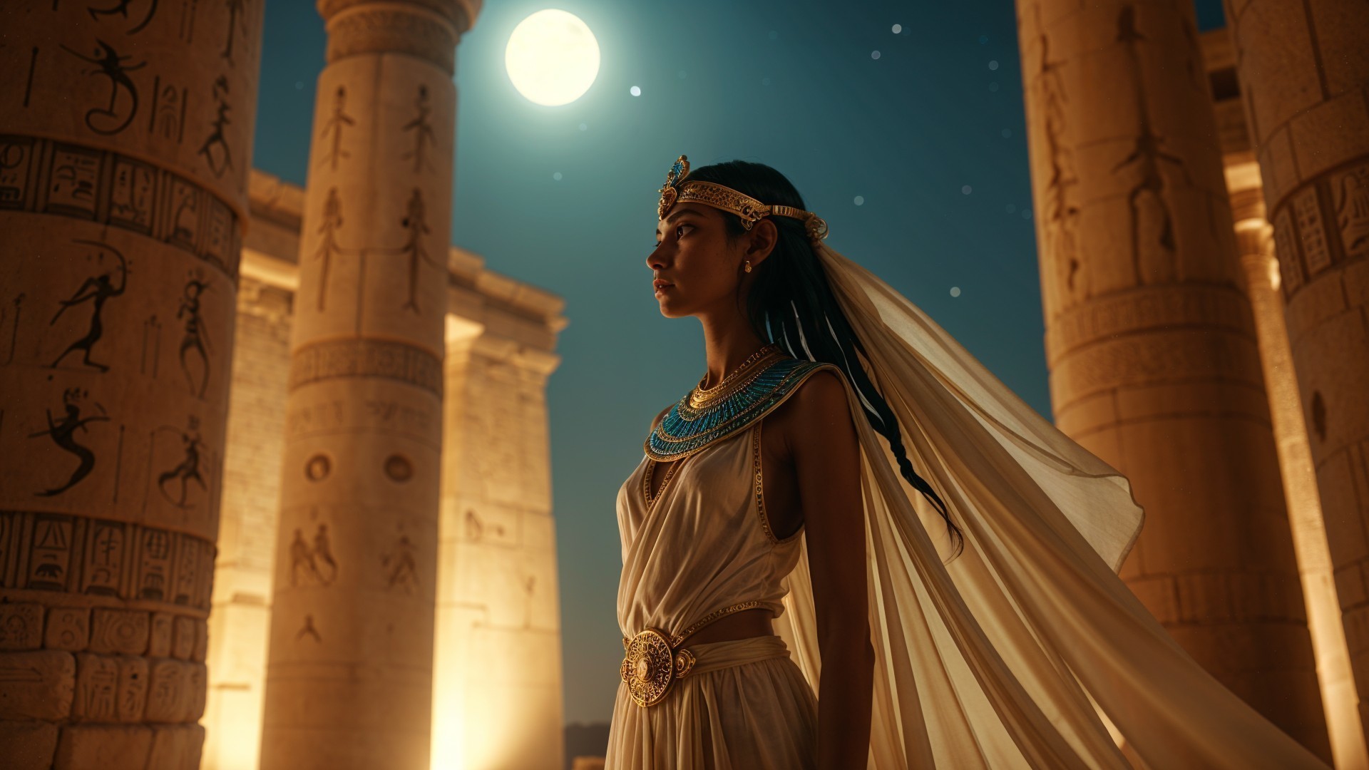Regal Figure Under Moon with Egyptian Motifs and Stars
