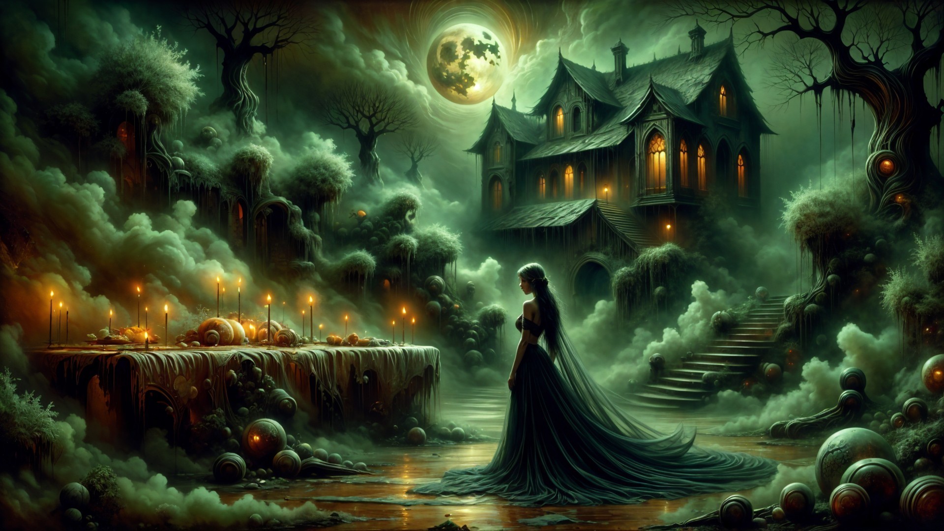Surreal Landscape with Woman and Eerie Mansion
