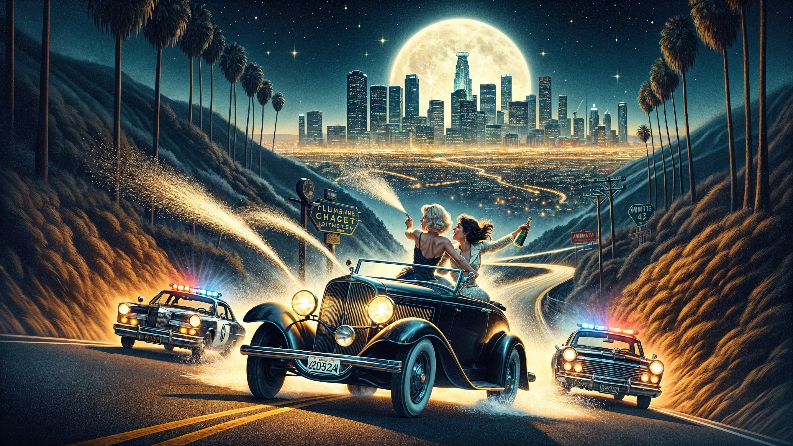 Vintage car chase at night with city skyline backdrop