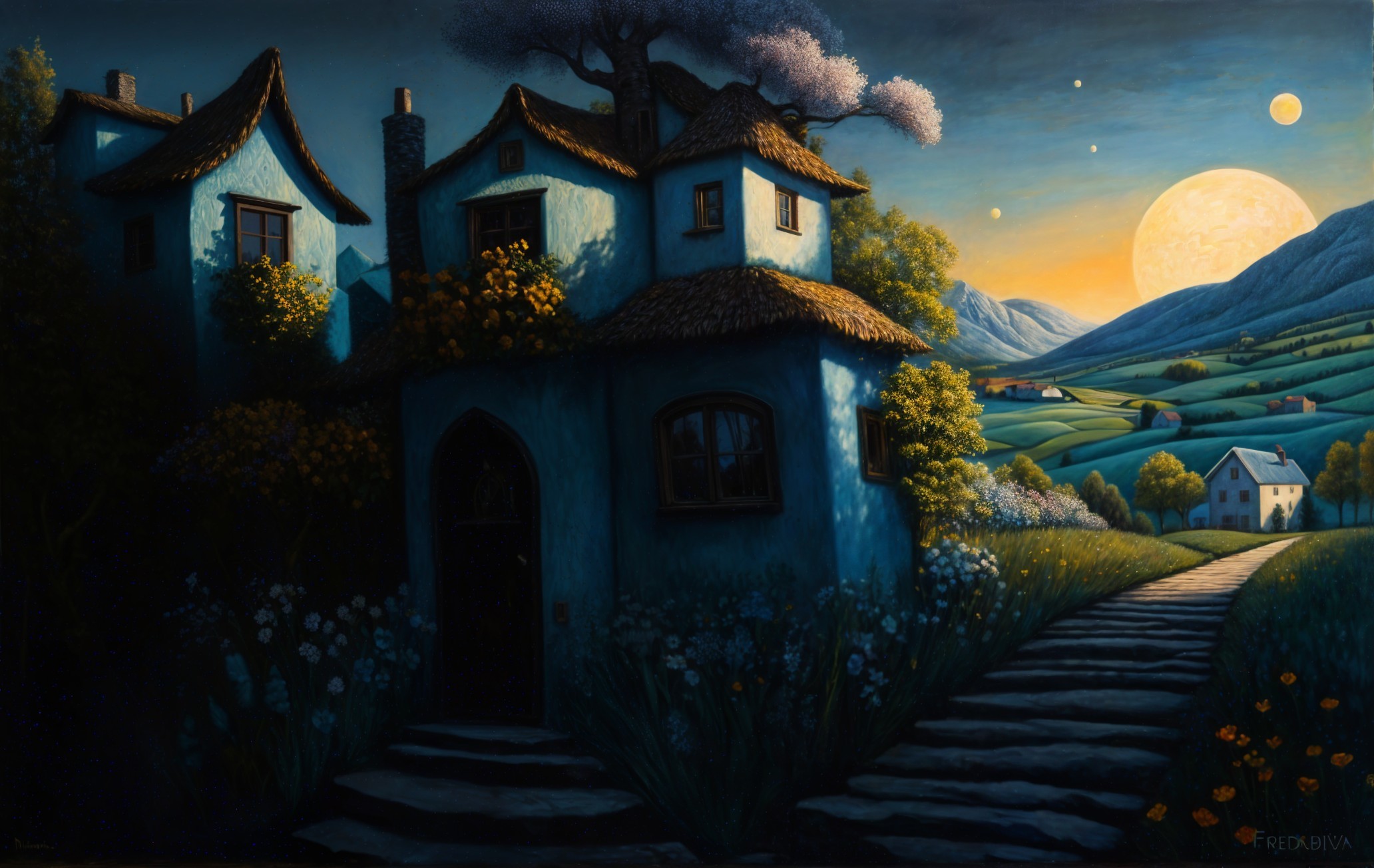 Twilight Landscape with Blue Cottages and Moonlight