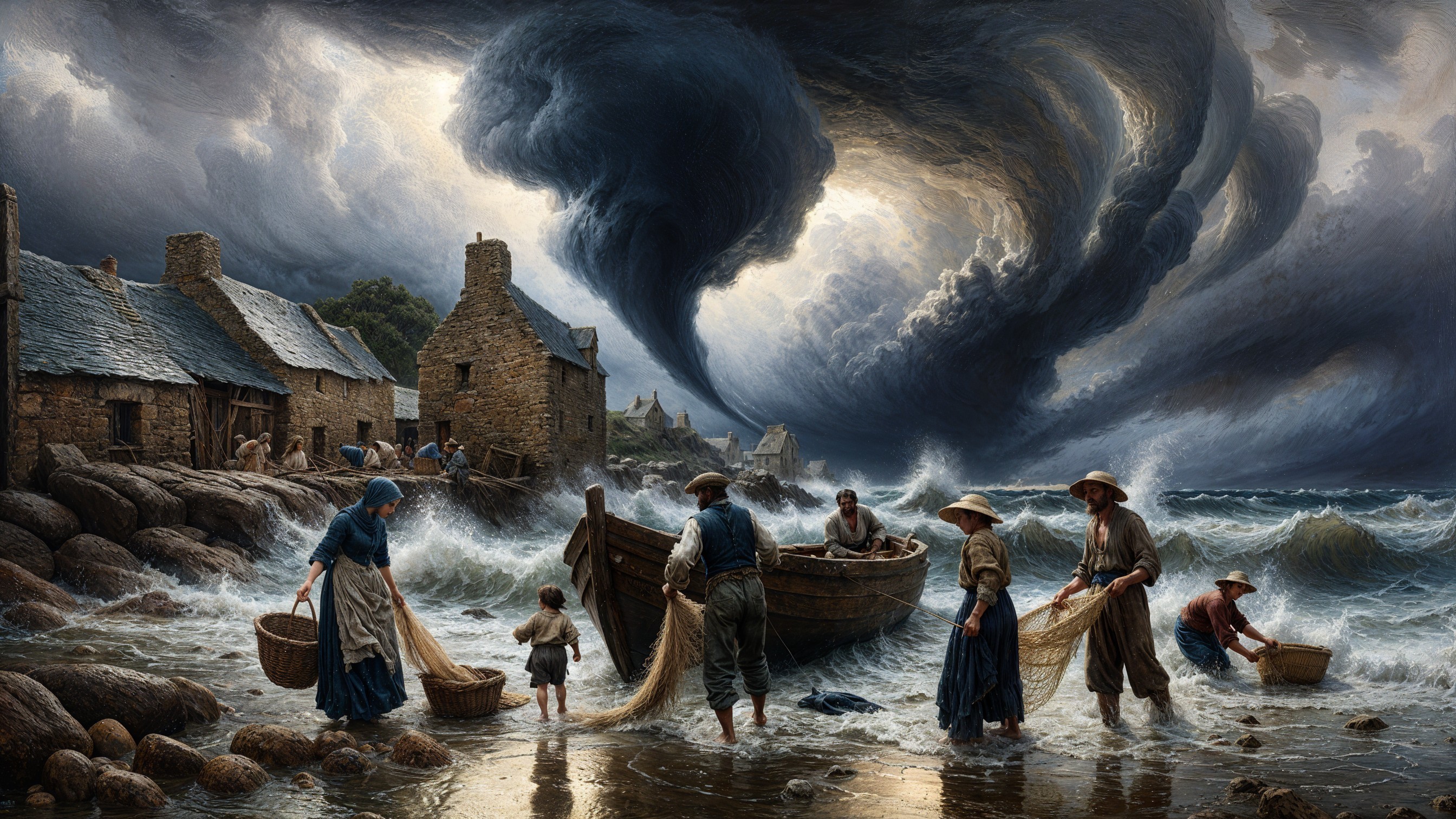 Fishermen and Women Amidst Stormy Coastal Scene