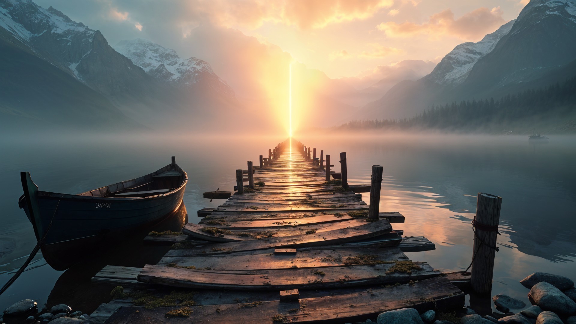 Lakeside Dawn Scene with Pier and Misty Mountains