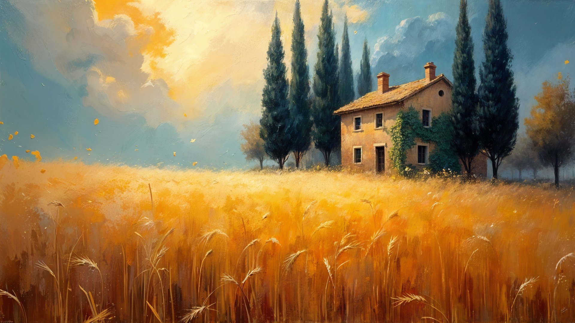 Rustic House Surrounded by Wheat Fields and Cypress Trees