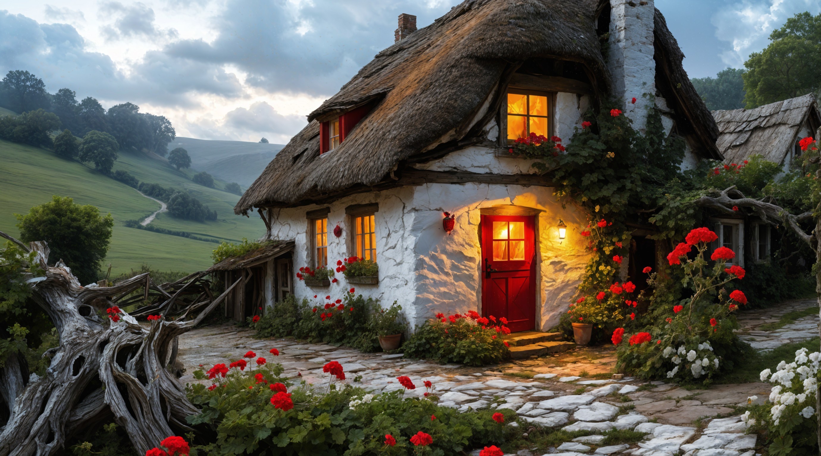 Thatched-Roof Cottage in a Lush Green Landscape