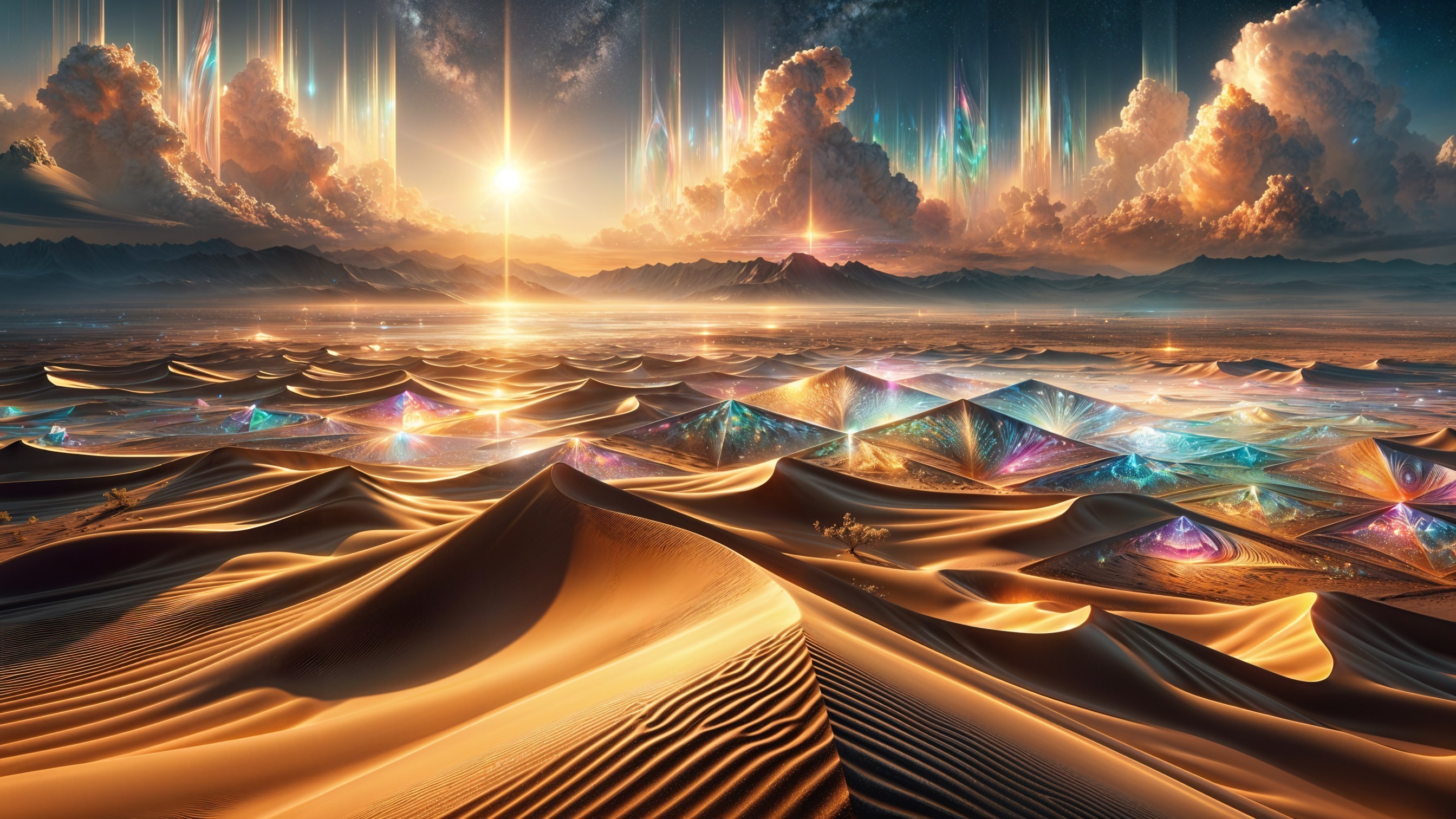 Desert Landscape at Sunset with Ethereal Lights