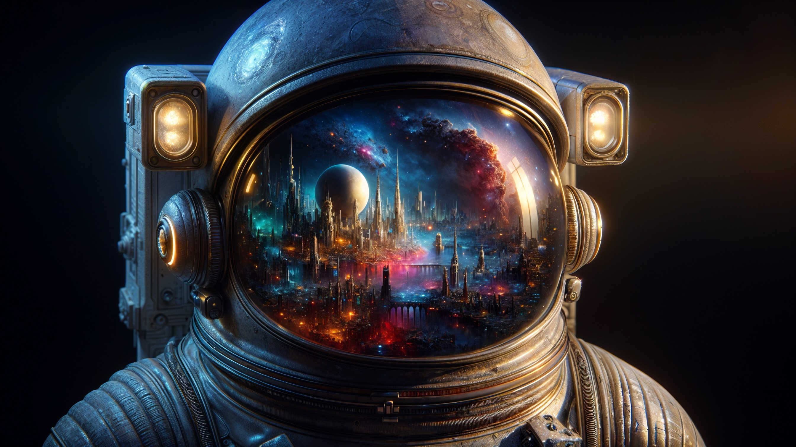 Futuristic Astronaut Helmet with Cosmic Landscape Reflection