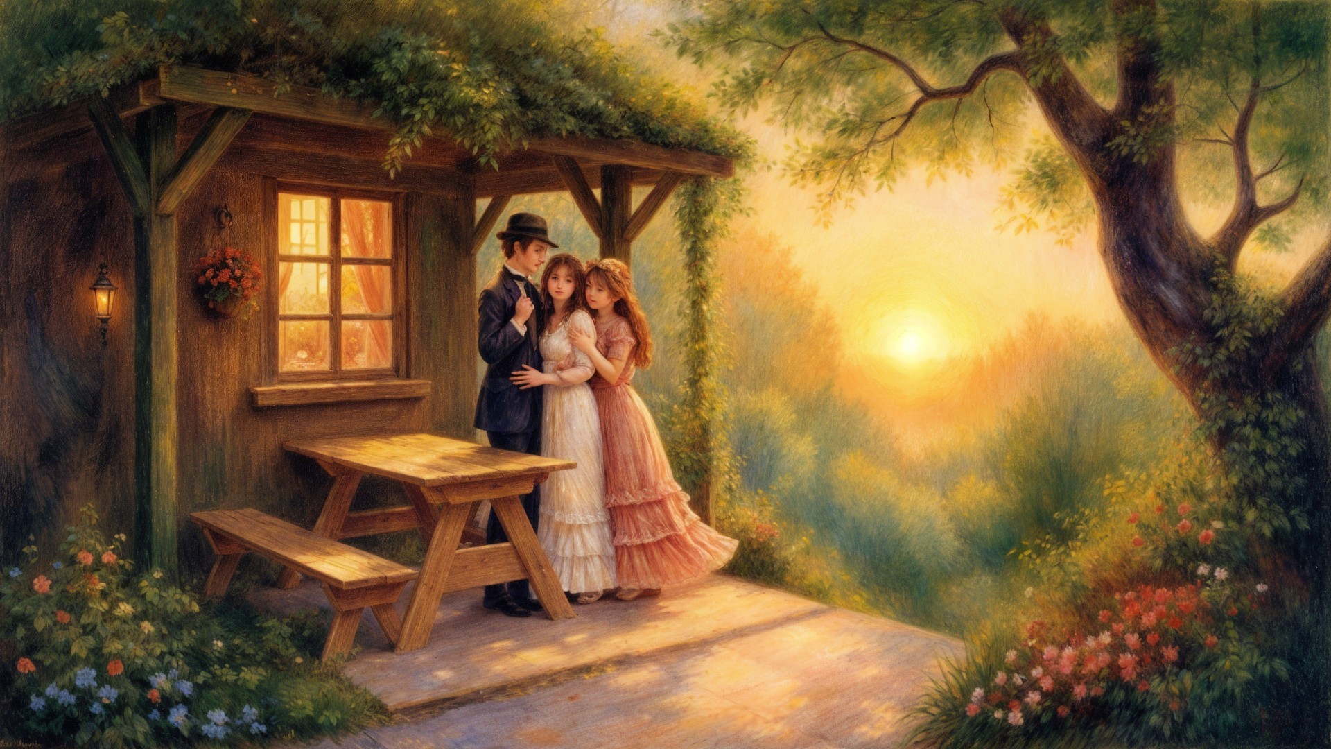 Young Lovers in Romantic Outdoor Cabin Setting