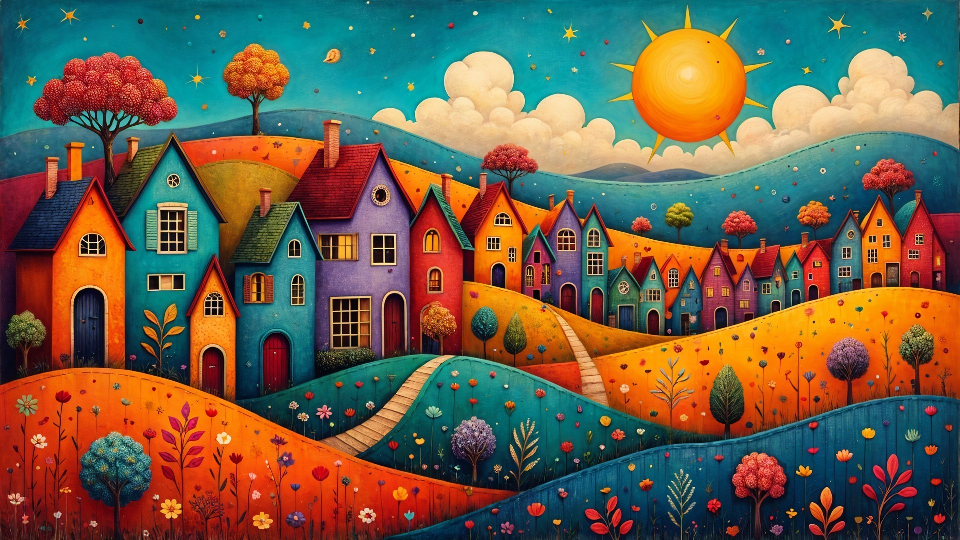 Vibrant Landscape of Colorful Houses on Rolling Hills