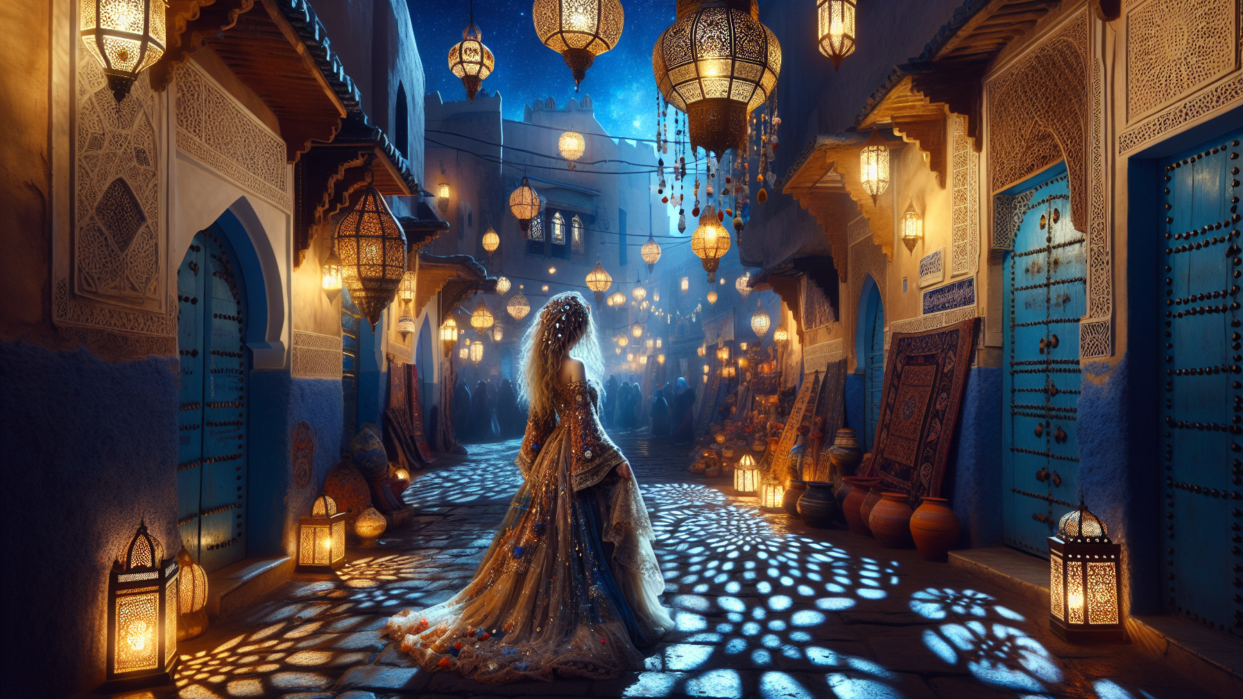 Full body shot of a woman in a Moroccan alleyway