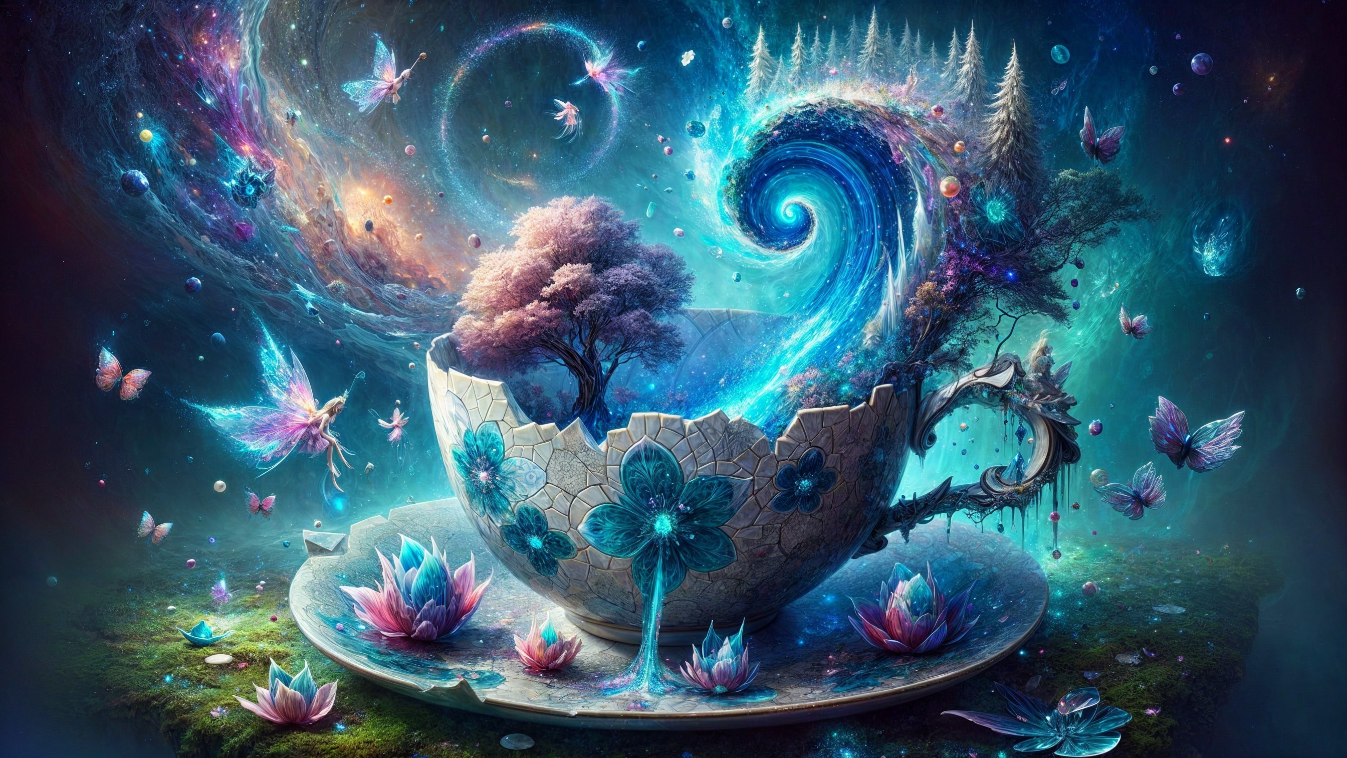 Whimsical tea cup scene with vibrant blue landscape