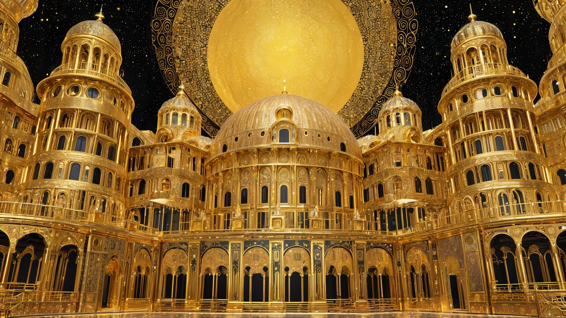 Grand hall with golden architecture and ornate design