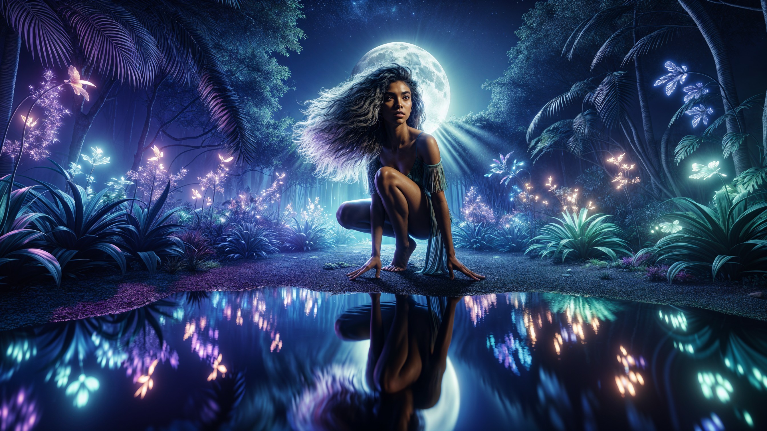 Mystical forest scene with a woman by a pool