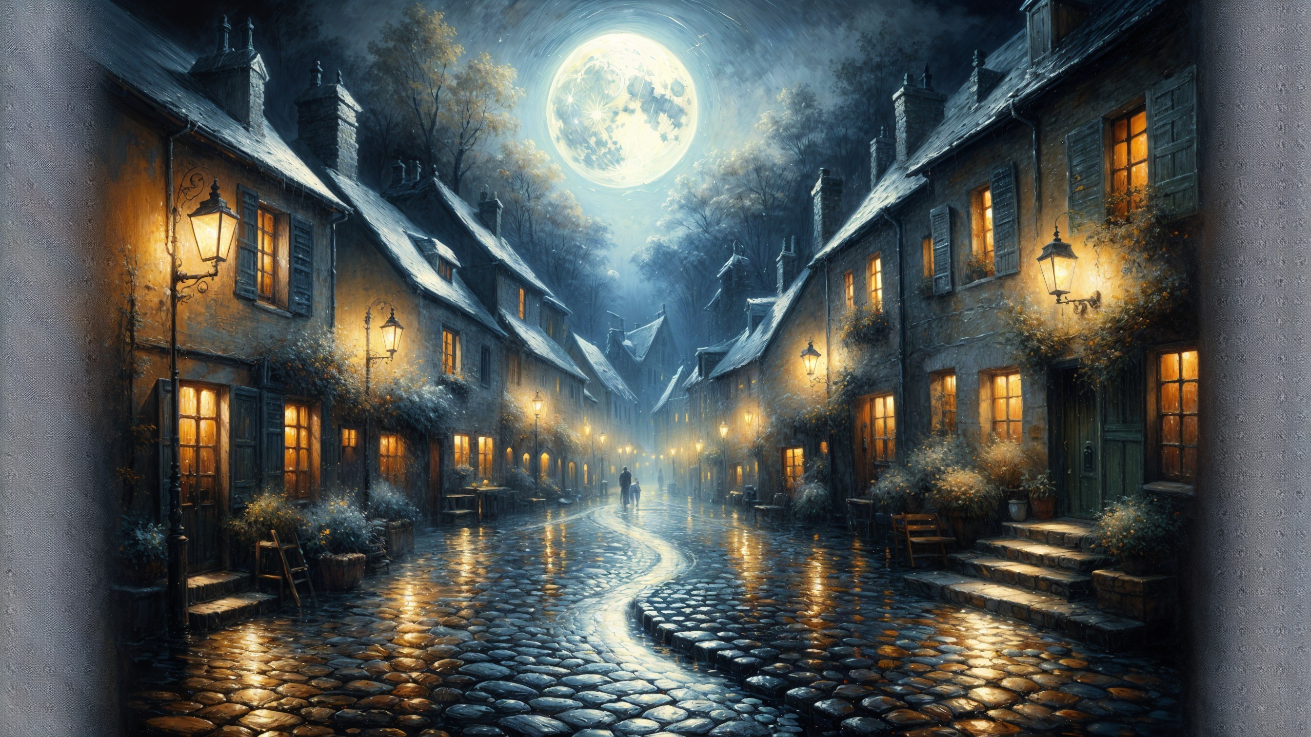 Moonlit Village Street with Charming Houses and Lanterns