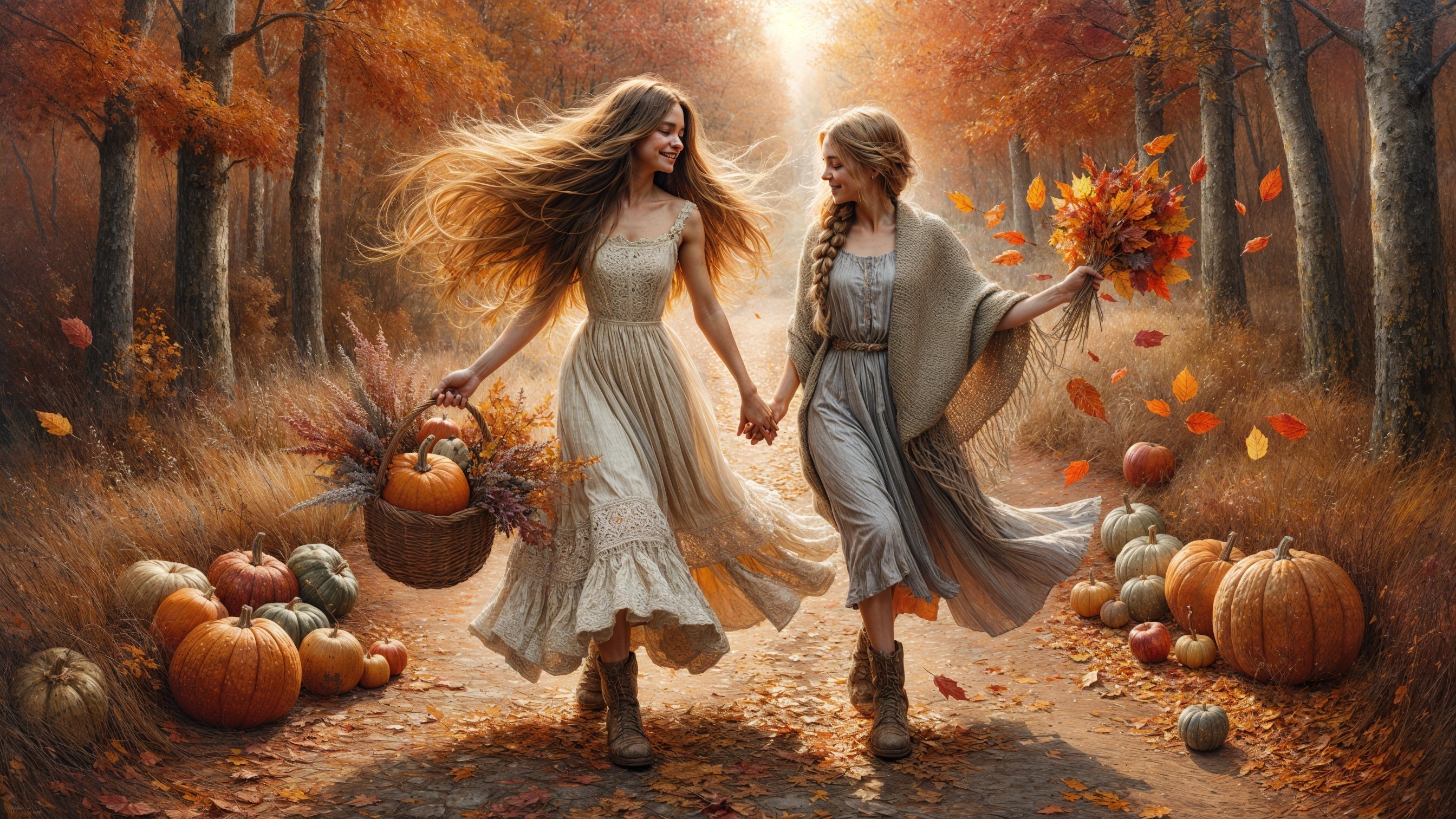 Autumn Stroll with Flowers and Pumpkins on Path