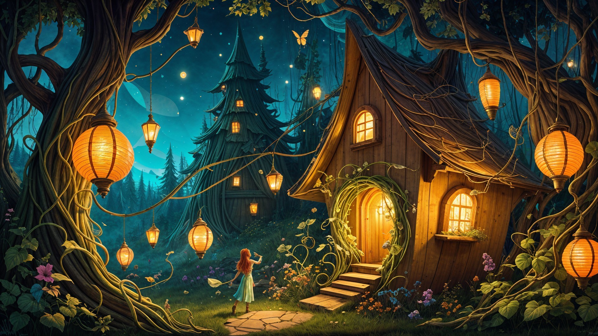 Whimsical Forest Cottage Under Starlit Sky