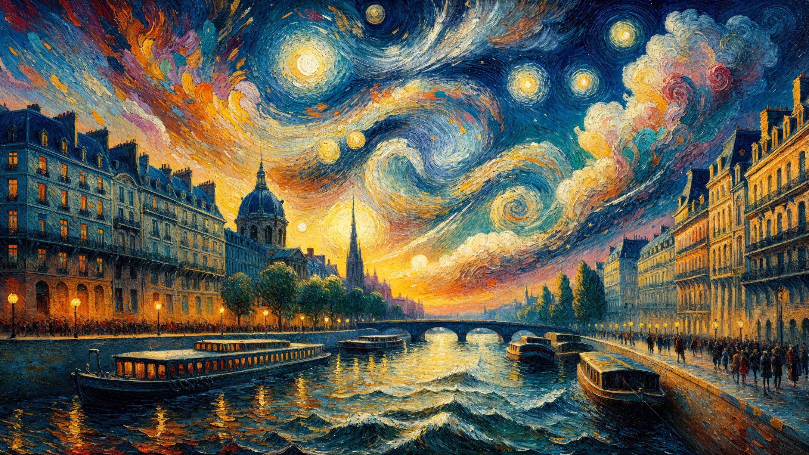 Vibrant Night Sky Over Serene River and Historic Buildings