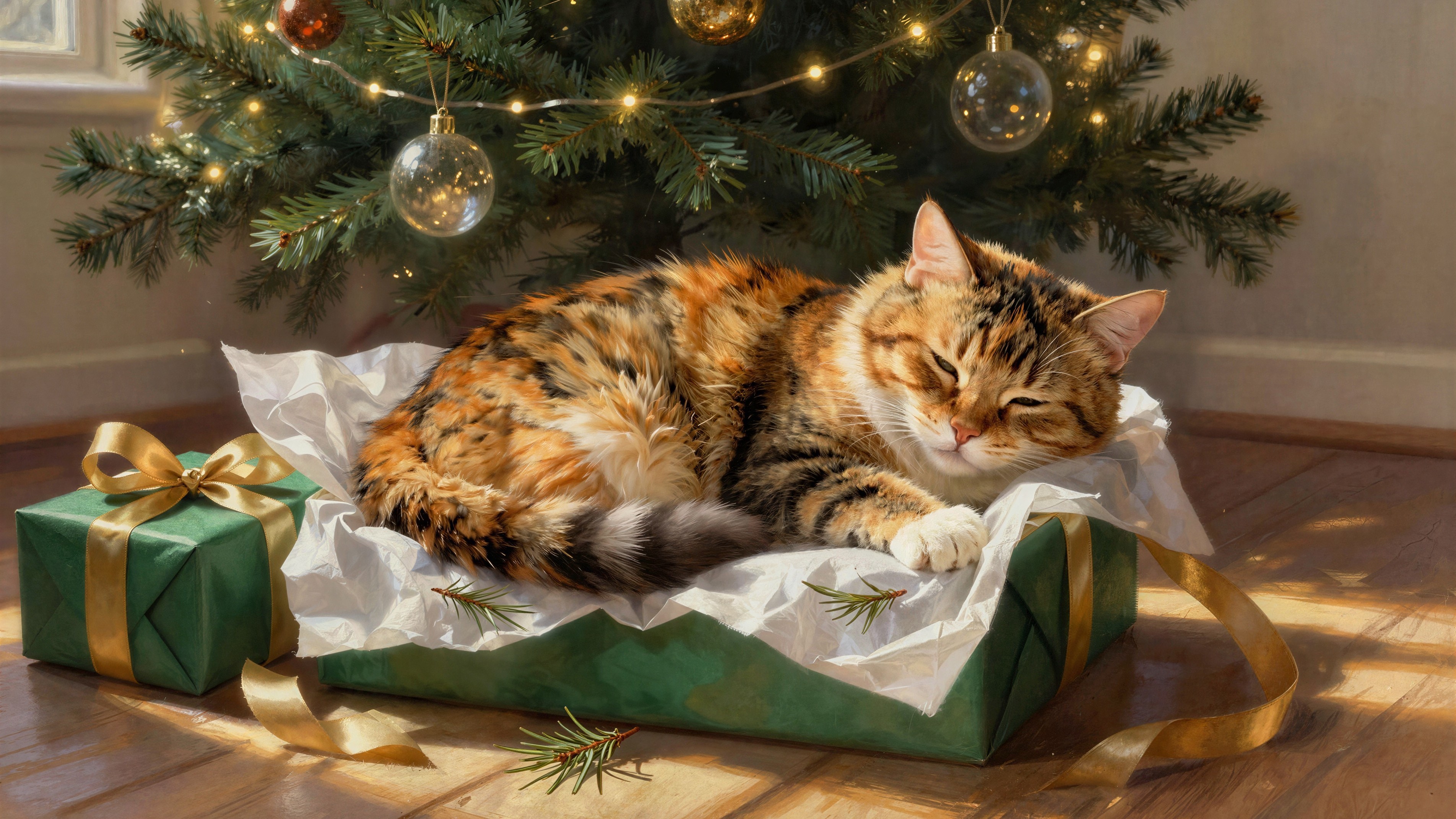Calico Cat Napping in Gift Box on Wooden Floor