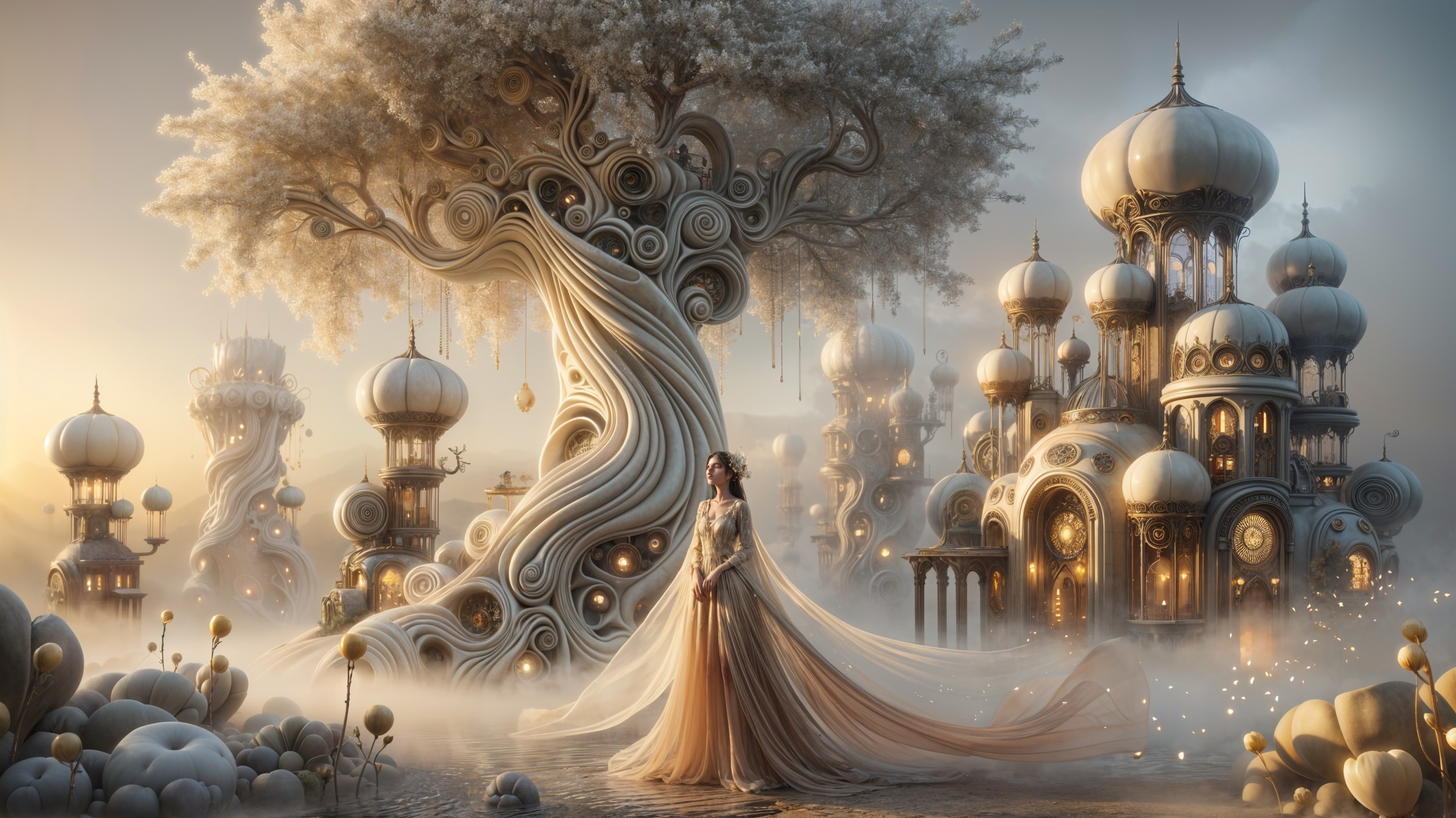Fantastical Landscape with Majestic Tree and Towers