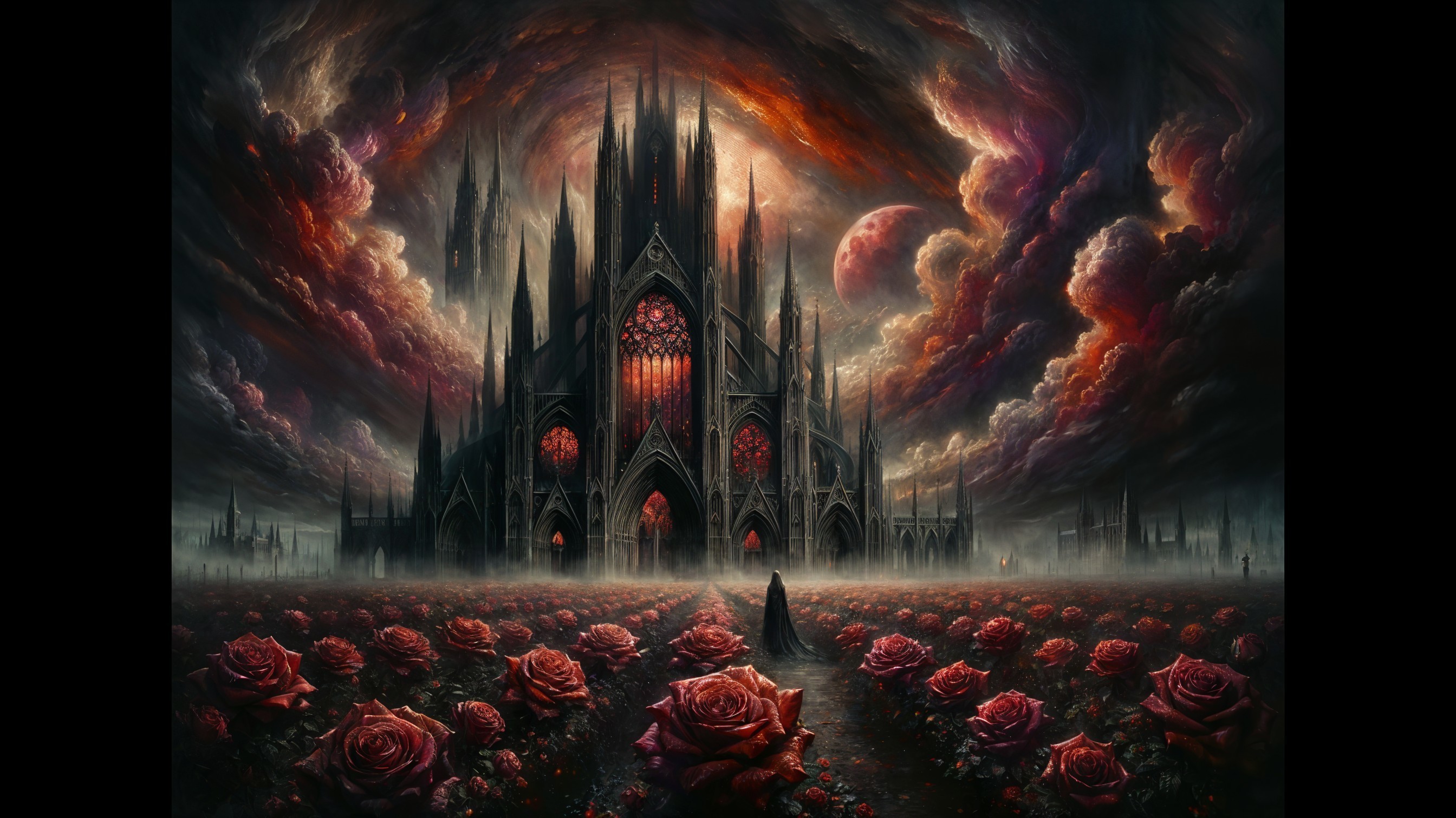 Gothic Cathedral Amidst Crimson Roses and Stormy Sky