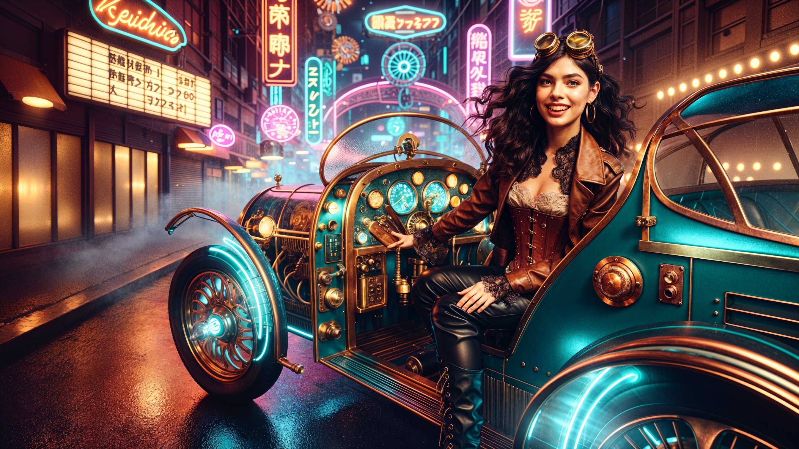 Woman in steampunk vehicle on neon-lit street