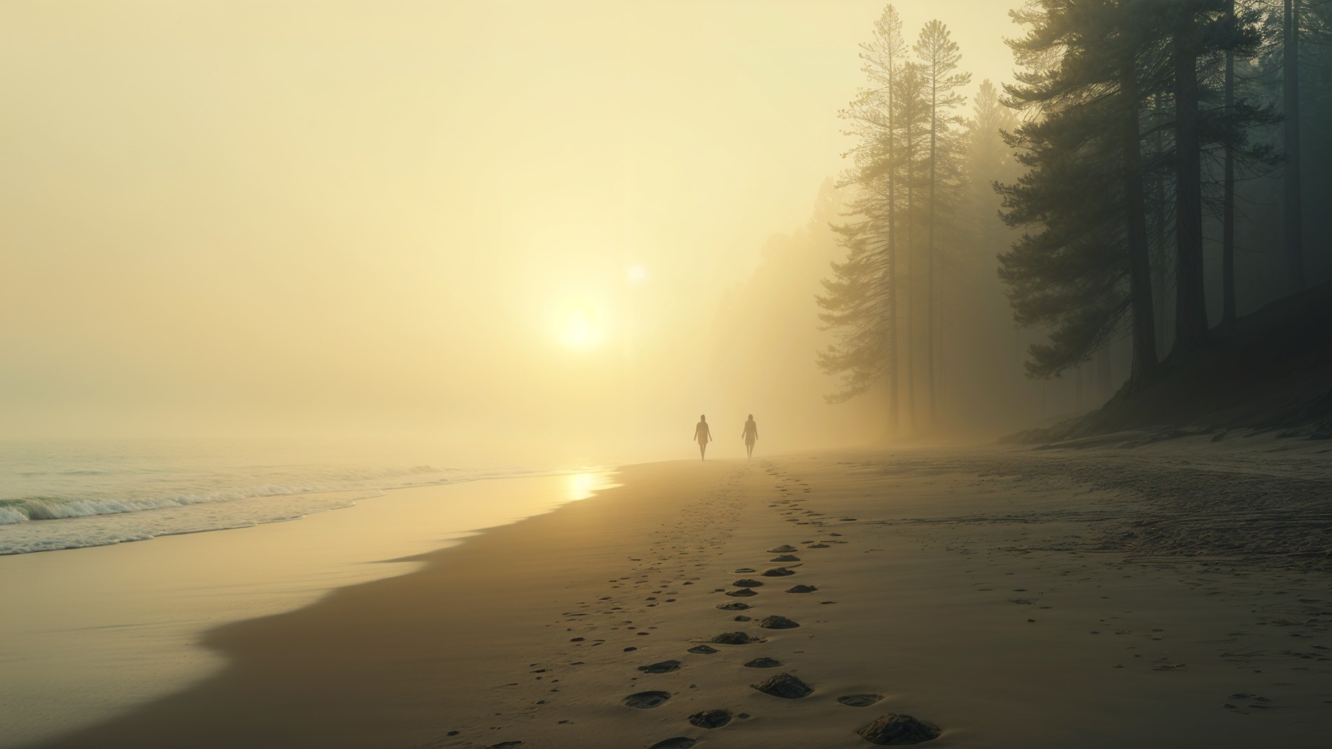 Serene beach scene with silhouettes and golden mist