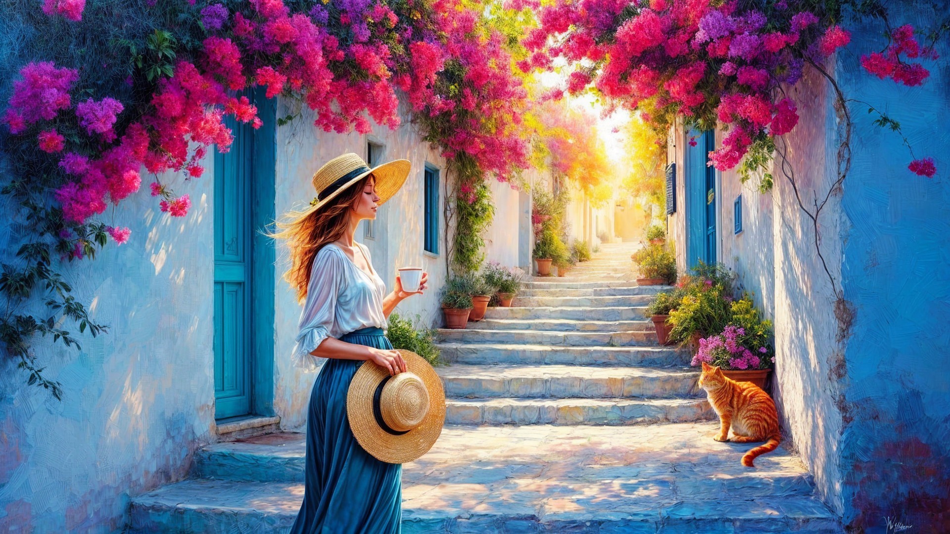 Woman in flowy attire on a cobblestone path with flowers