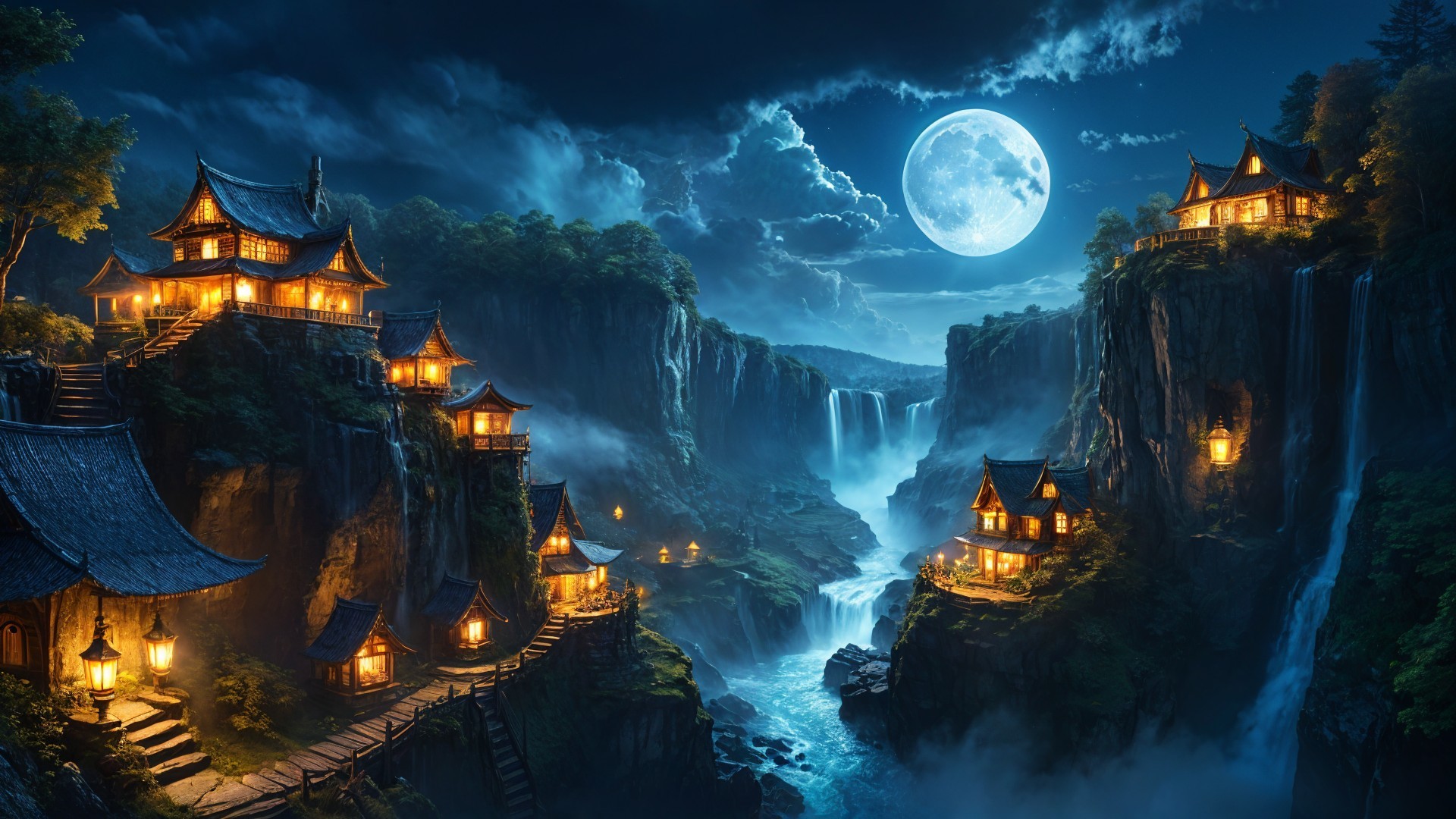 Nighttime Serene Landscape with Wooden Homes and Waterfalls