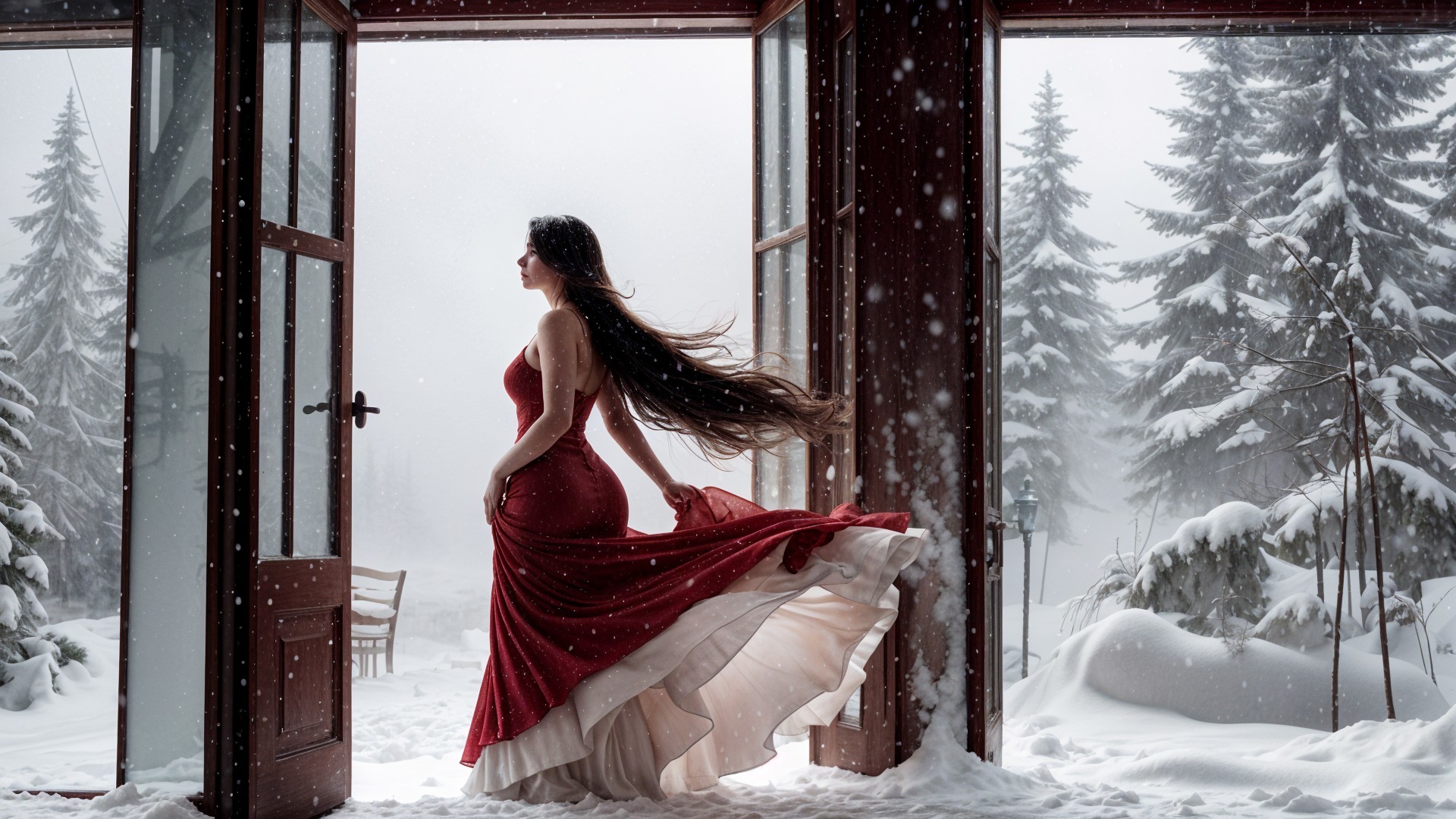 Woman in Red Dress at Open Door in Winter Scene