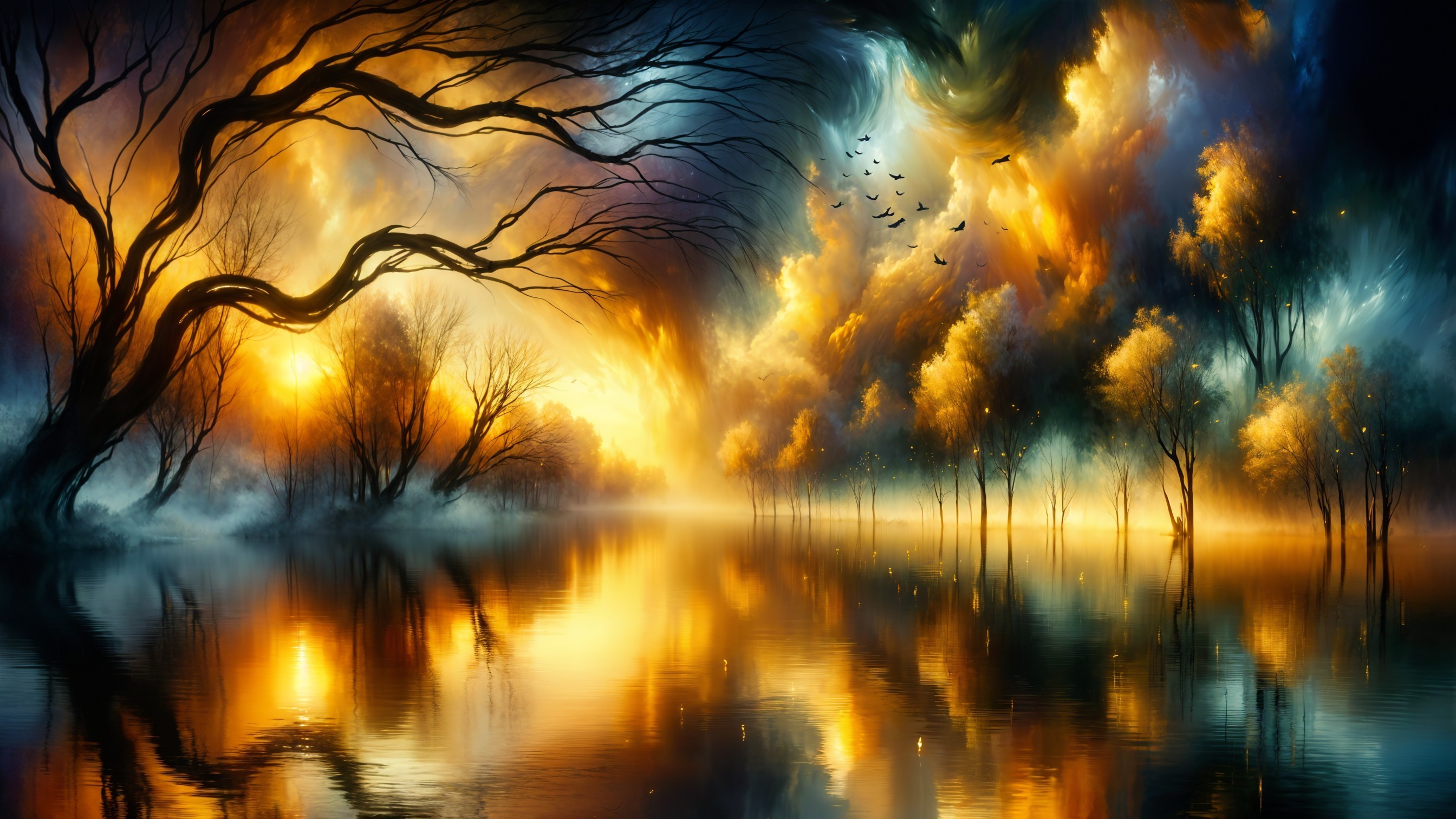 Twilight Landscape with River and Vibrant Foliage
