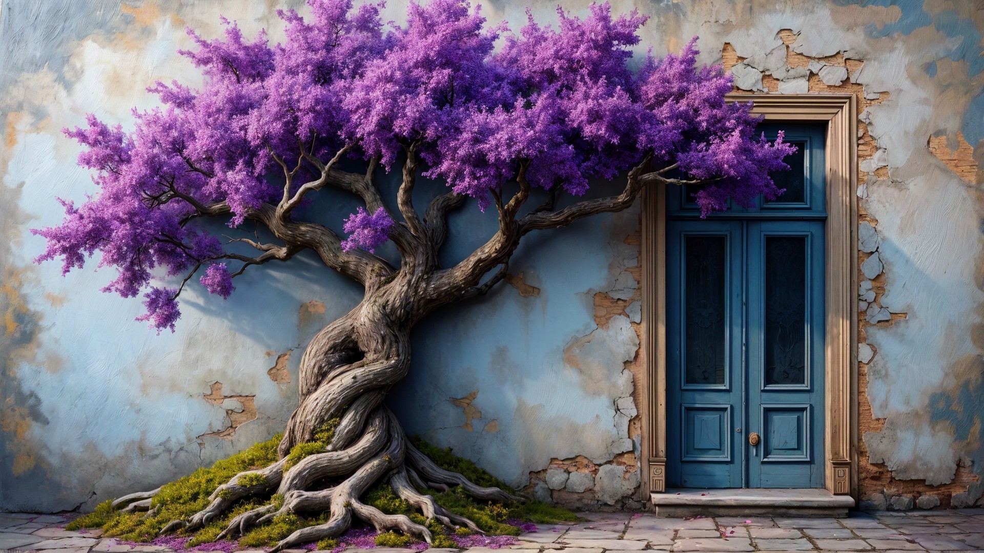 Vibrant Purple Flowering Tree Against Blue Wall