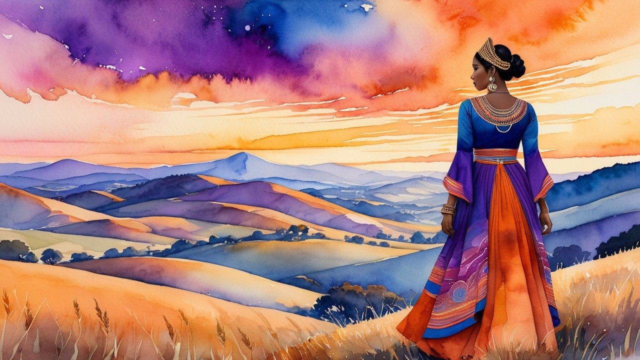 Woman in traditional dress overlooking vibrant landscape