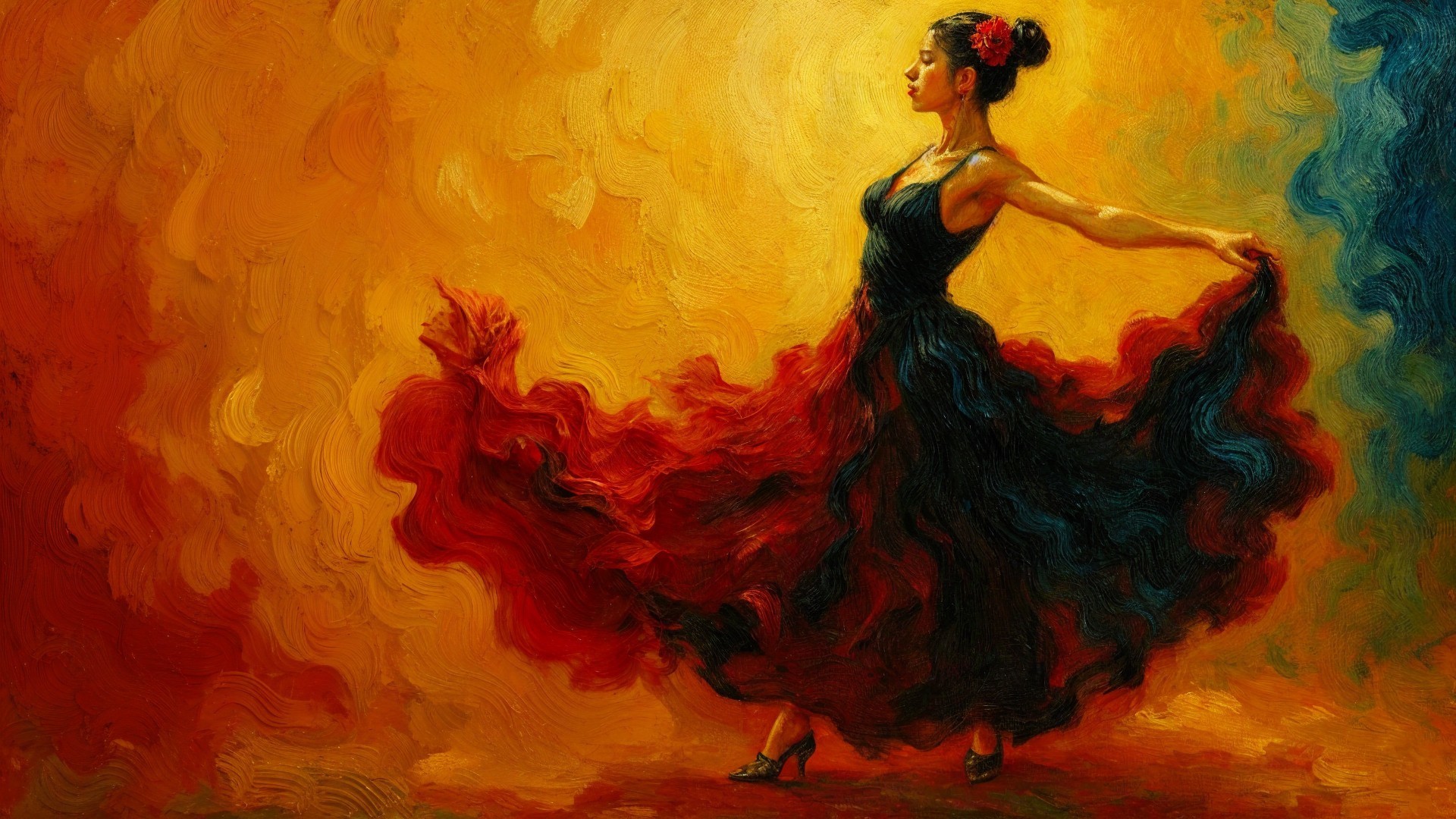 Dancer in Twirl with Red and Black Dress Background